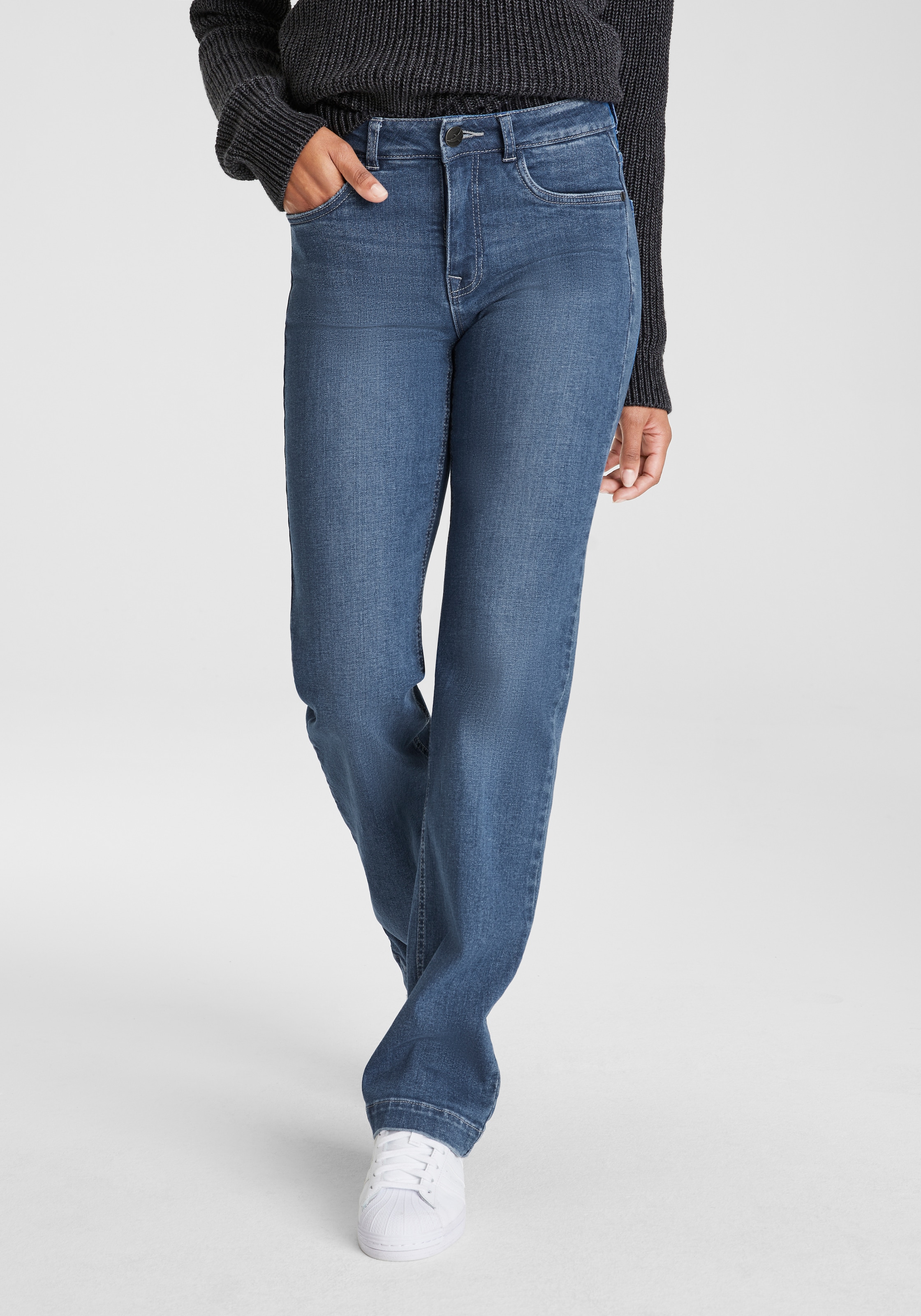Arizona Weite Jeans weite Beinform, Used-Look-Waschung, hohe Taille