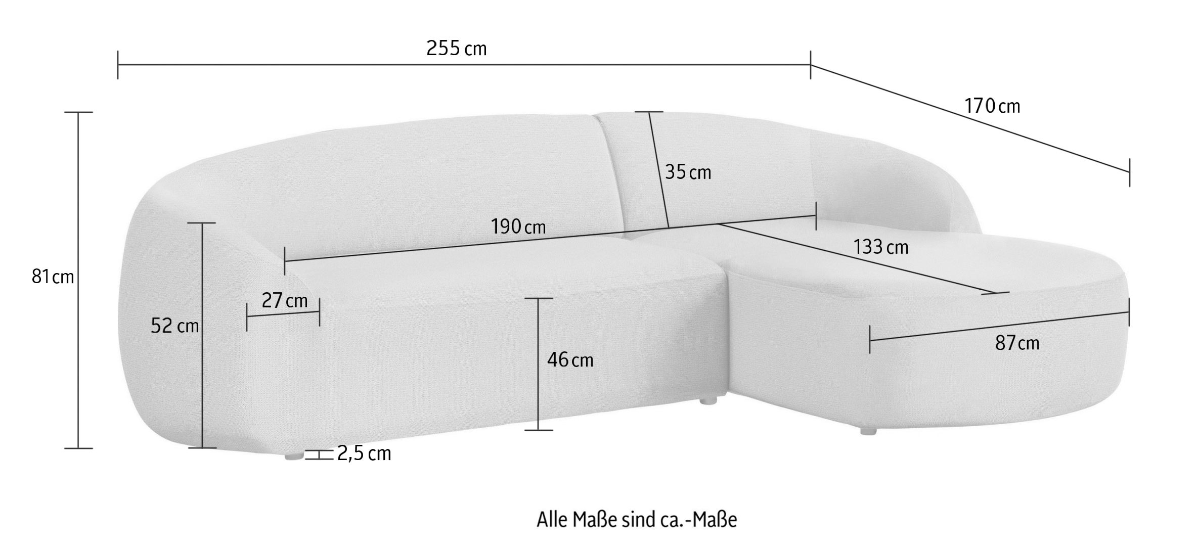 LeGer Home by Lena Gercke Ecksofa »YANI, L-Form, Designersofa, organische Form, Masse B/T/H: 255/170/81 cm«, L-Form, Designersofa, organische Form, Masse B/T/H: 255/170/81 cm