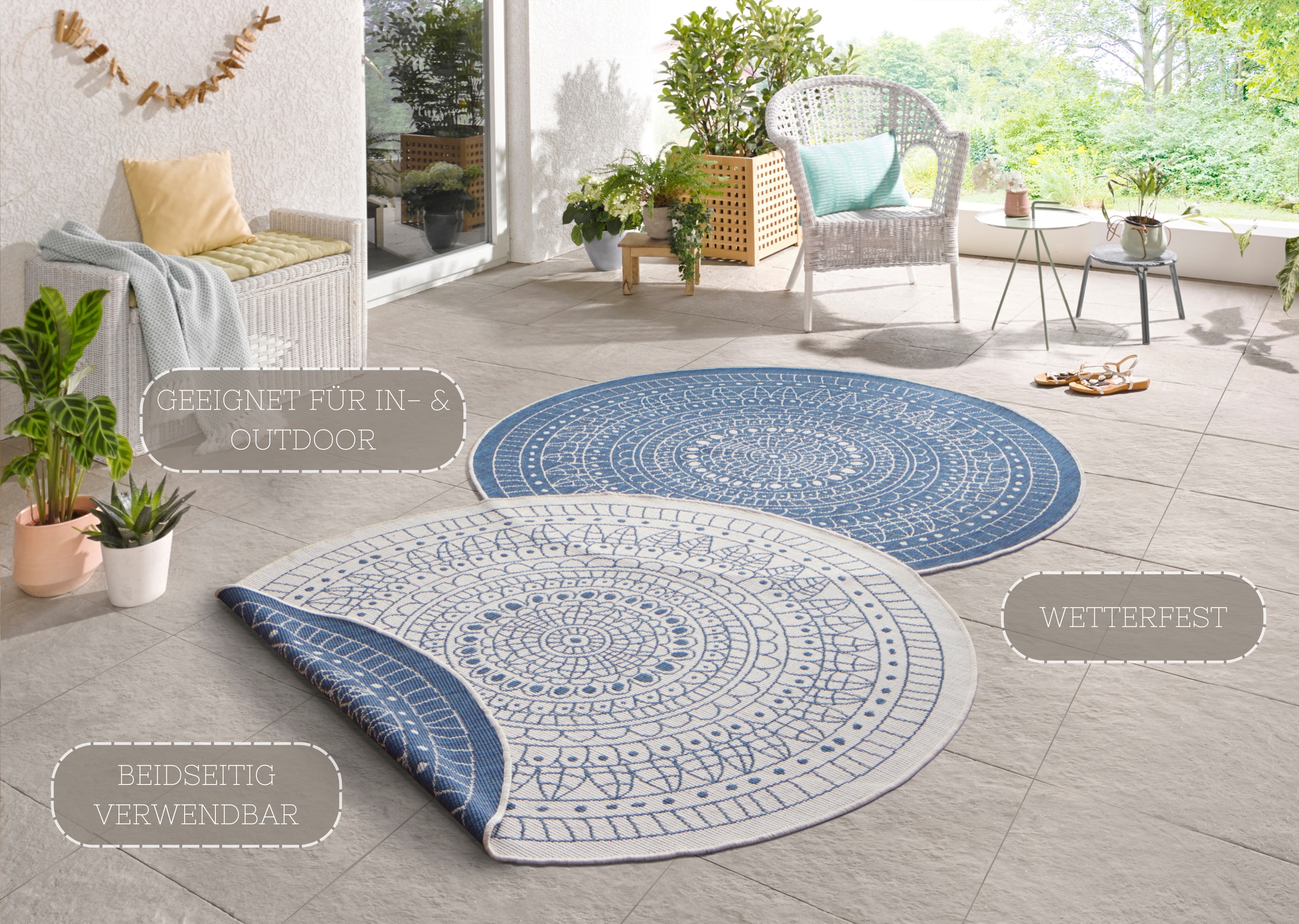 NORTHRUGS Teppich »Porto Wendeteppich«, rund, 5 mm Höhe, In-& Outdoor, Wetterfest, Balkon, Garten, Wohnzimmer, Wasserfest