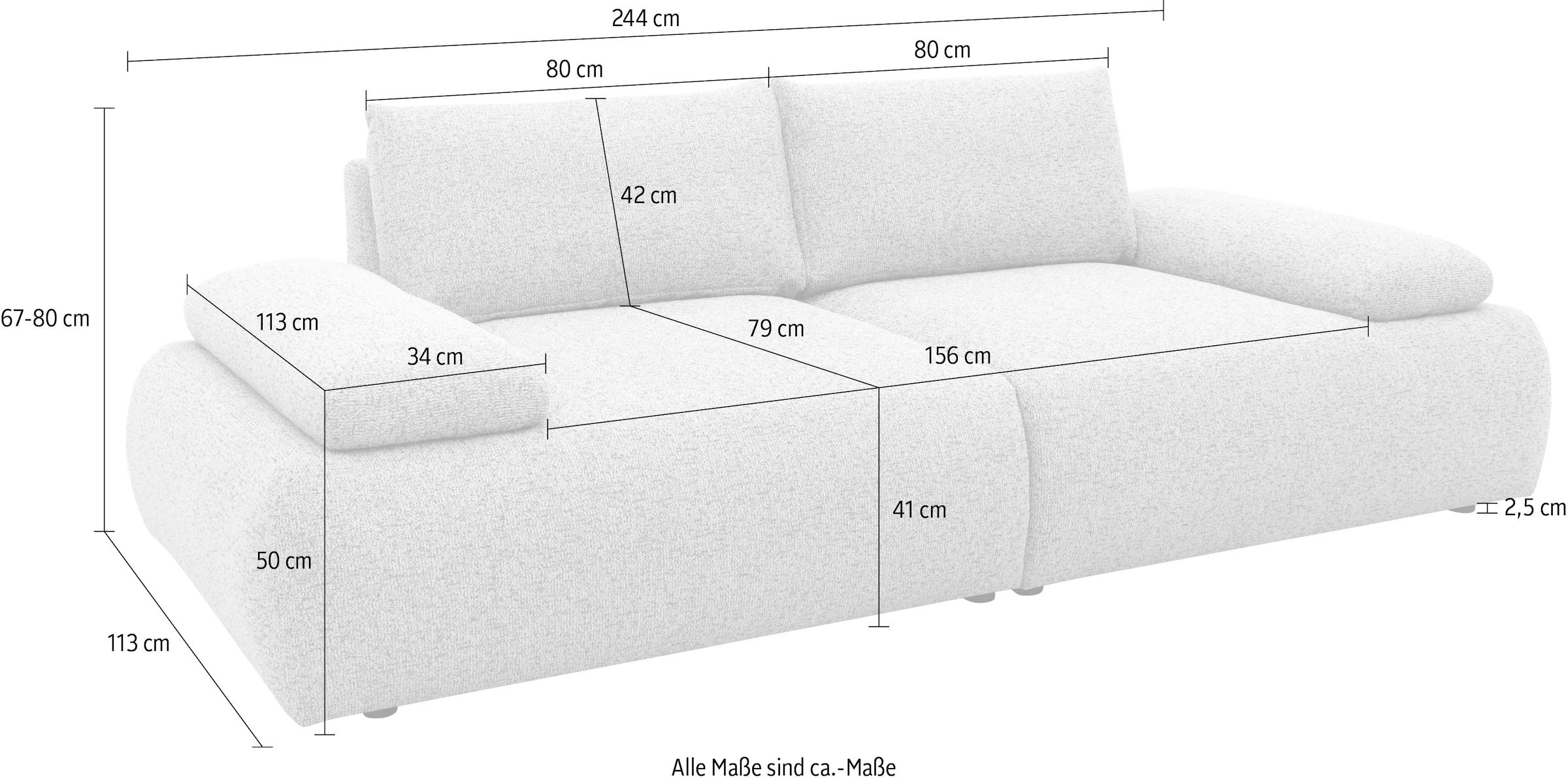 DOMO collection Big-Sofa »Évora Megasofa Breite 244 cm«, (2 St.), Federkern, inkl. Armlehnenverstellung, Struktur grob, silberfarben