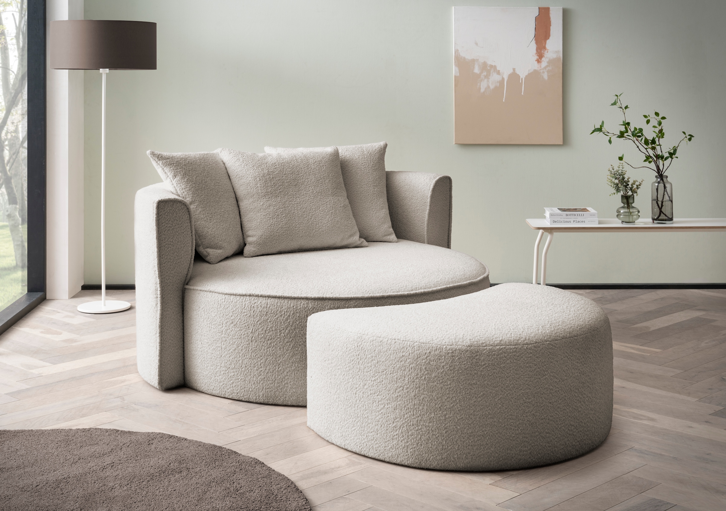 LeGer Home by Lena Gercke XXL-Sessel »ISALIE, Rundsessel mit Hocker, Lesesessel, Loveseat, Big-Sessel«, (Set), trendige Stoffe, 3 Zierkissen, grosse Sitzfläche, Cord, Samt, Bouclé