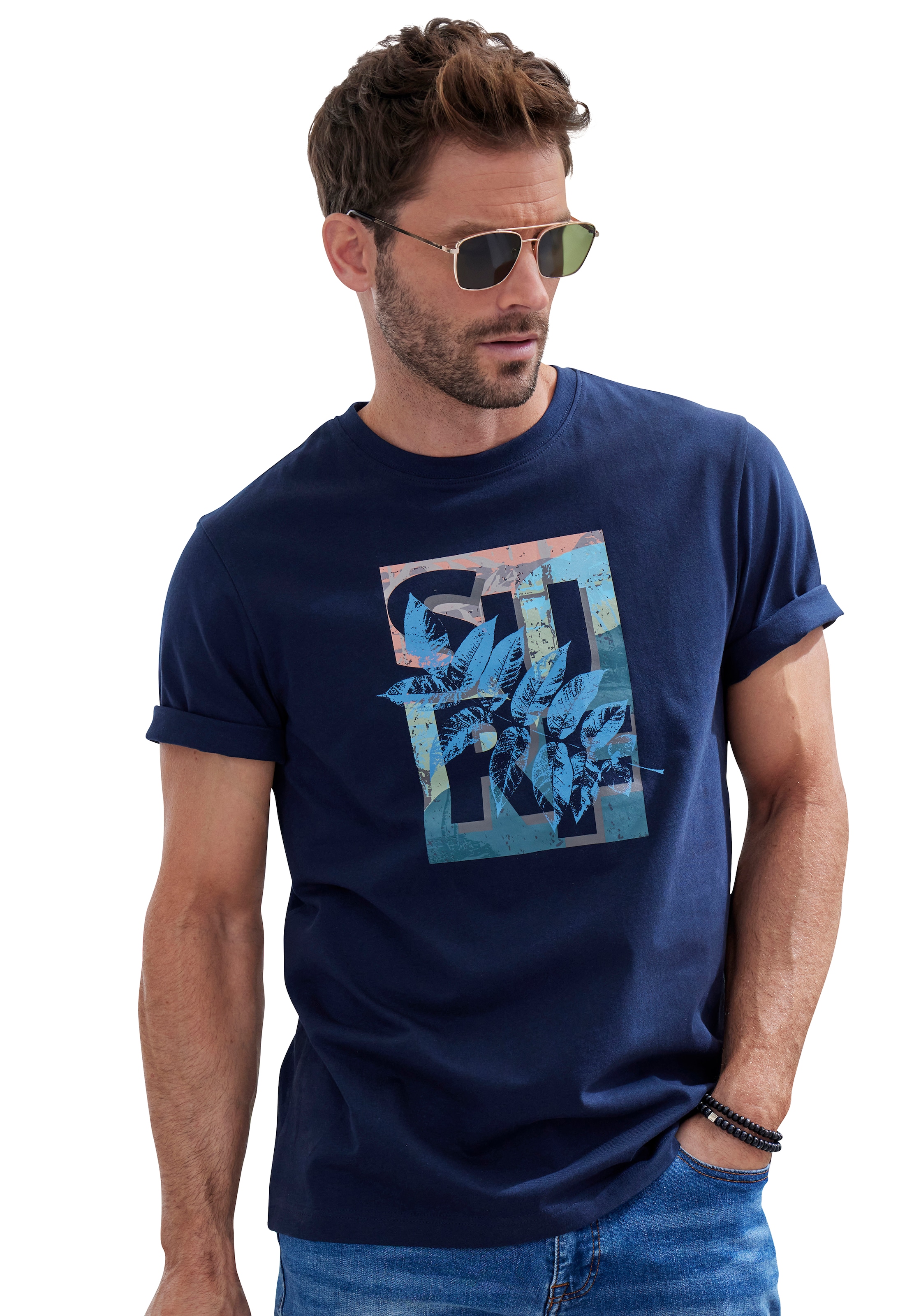 John Devin T-Shirt, Rundhalsshirt mit Surf -Aufdruck aus reiner Baumwolle