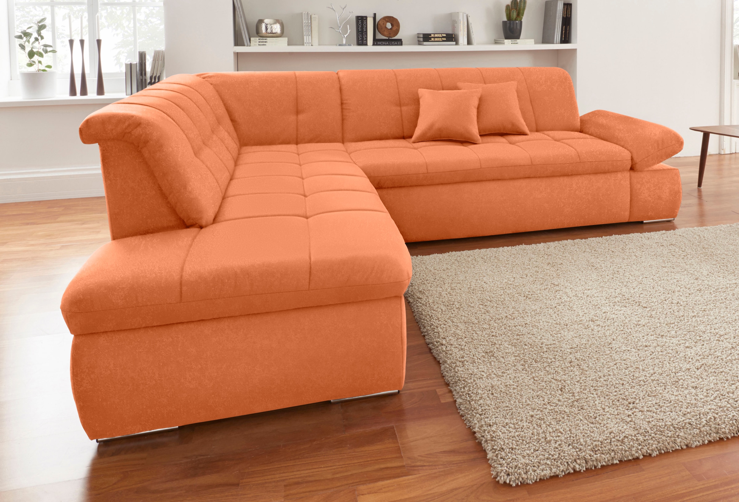 DOMO collection Ecksofa »NMoric incl. Zierkissen B/T/H: 273/216/80 cm L-Form«, Ottomanen-Abschluss, wahlweise mit Bettfunktion und Armlehnverstellung