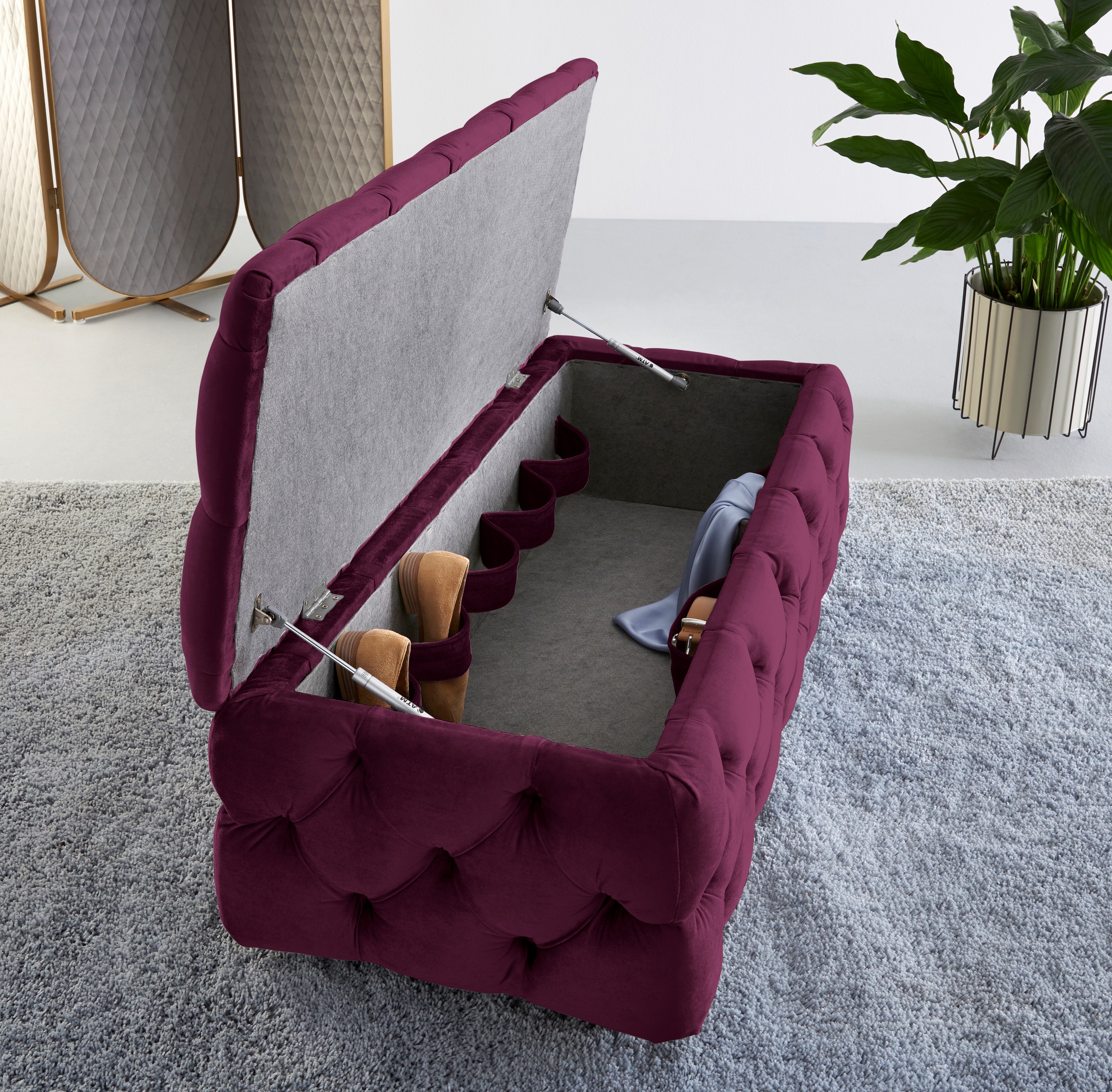Home affaire Polsterhocker »KALINA, hochwertige Knopfheftung, B/T/H: 120/55/45 cm«, mit Staufach und innenliegenden Laschen zur besseren Aufbewahrung