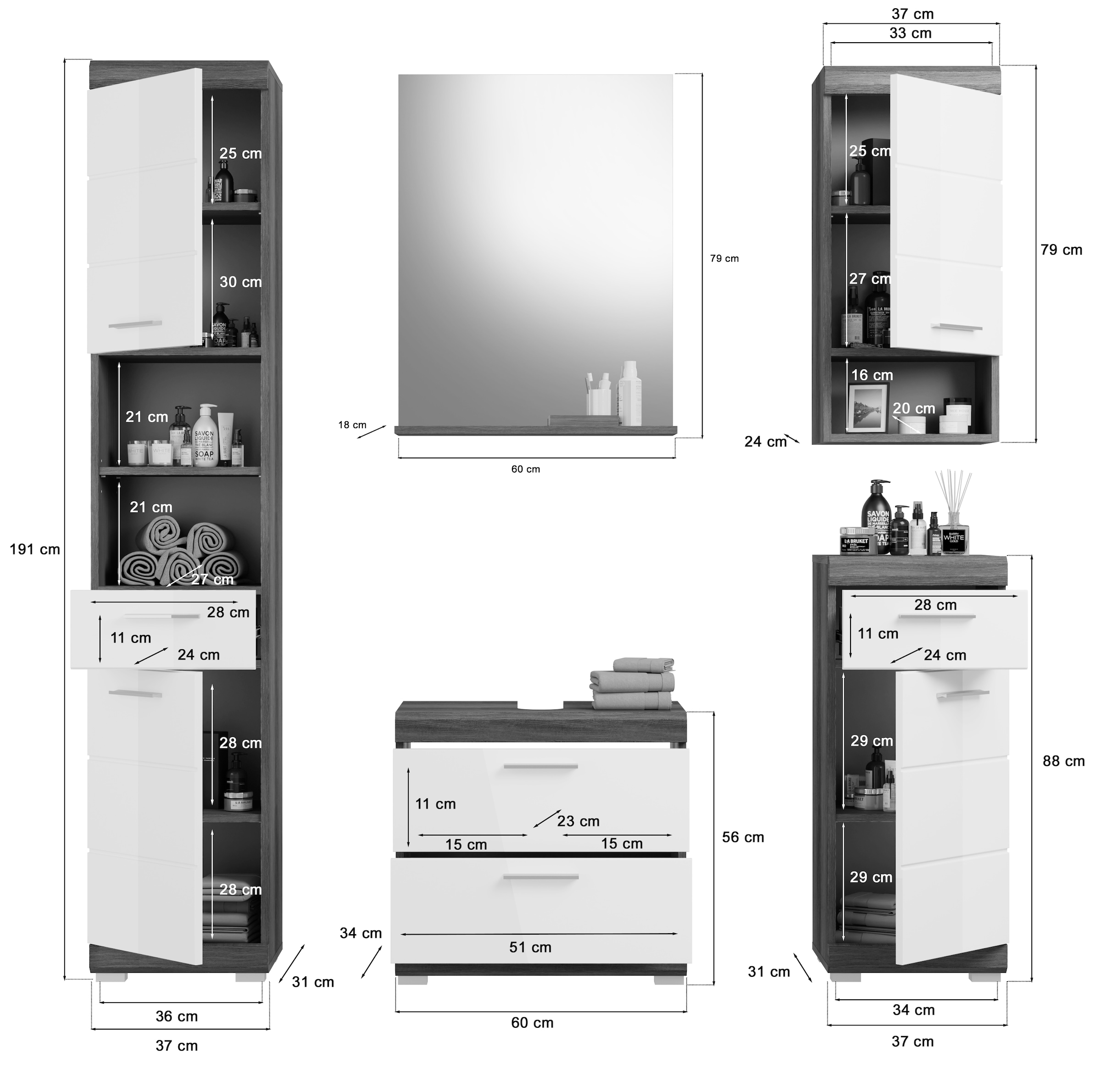 INOSIGN Badmöbel-Set »Siena, 5 teilig, bestehend aus:«, (Set, 5 St.), Hochschrank, WBU, Spiegel, Unterschrank, Hängeschrank