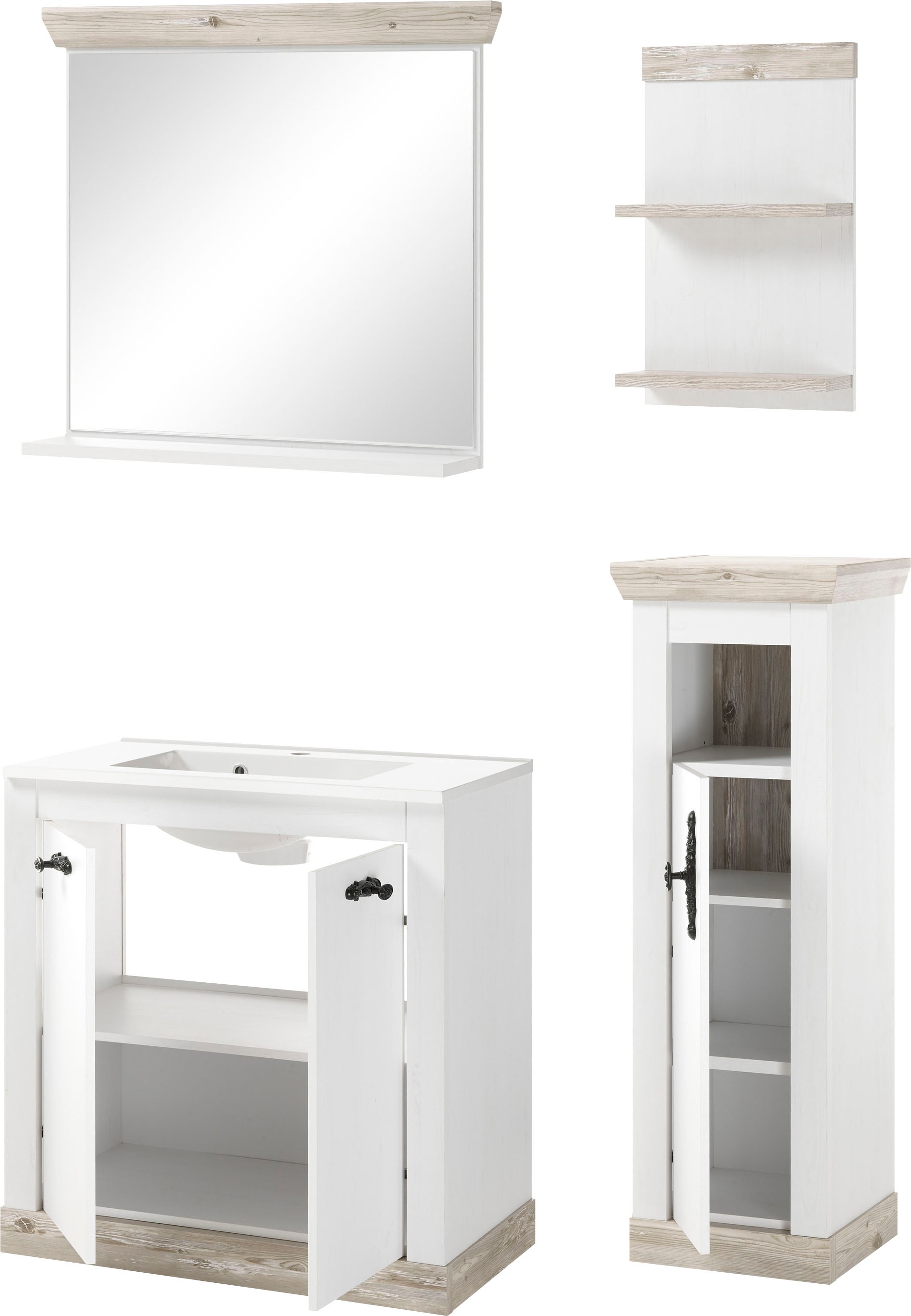 Home affaire Badmöbel-Set »Florenz, Bad im Landhausstil, 4-teiliges Badezimmer«, (4 St.), Waschtisch, Schrank, Wandregal und Spiegel, in Pinie Weiss, Stauraum