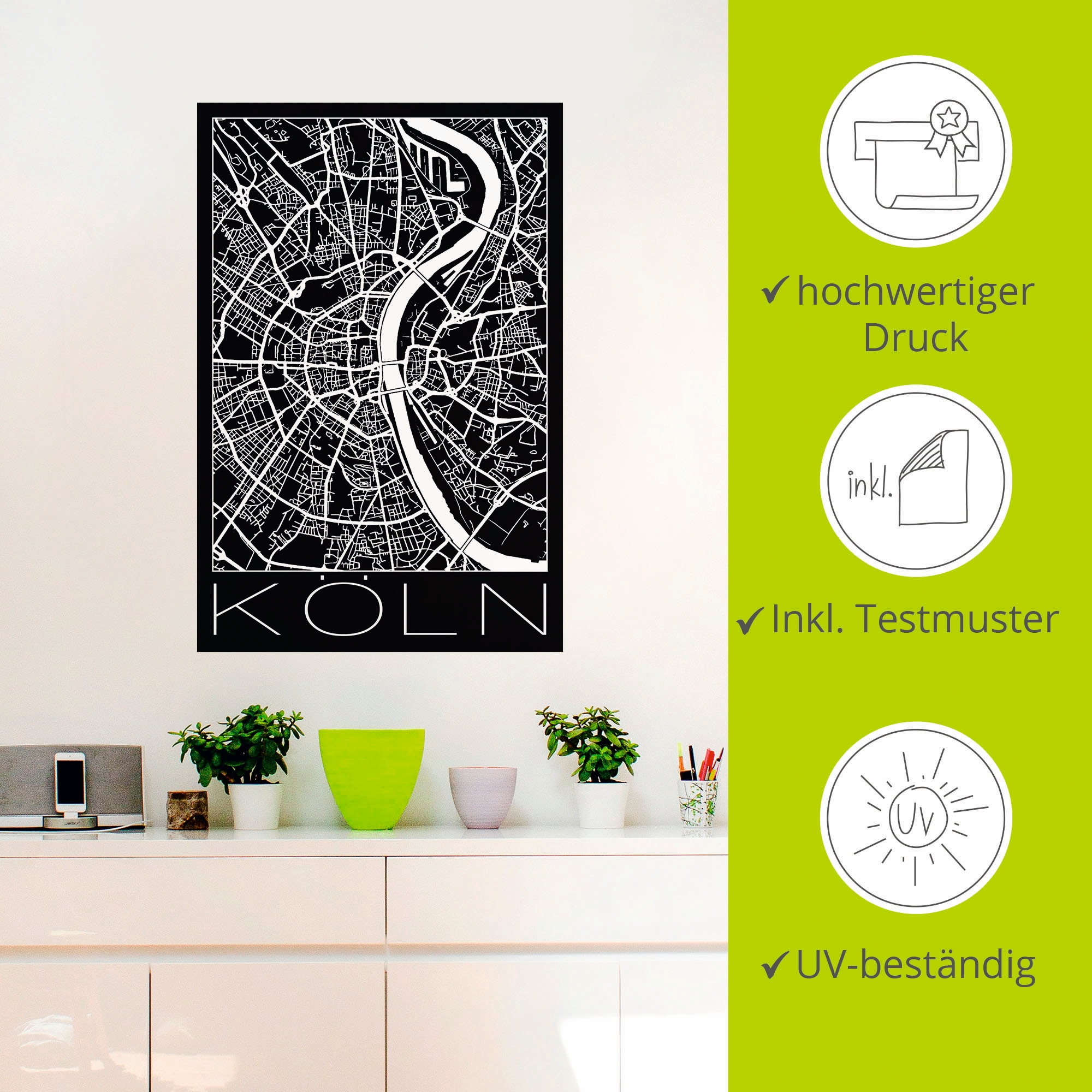 Artland Wandbild »Retro Karte Köln Deutschland Schwarz«, Deutschland, (1 St.), als Poster, Wandaufkleber in verschied. Grössen