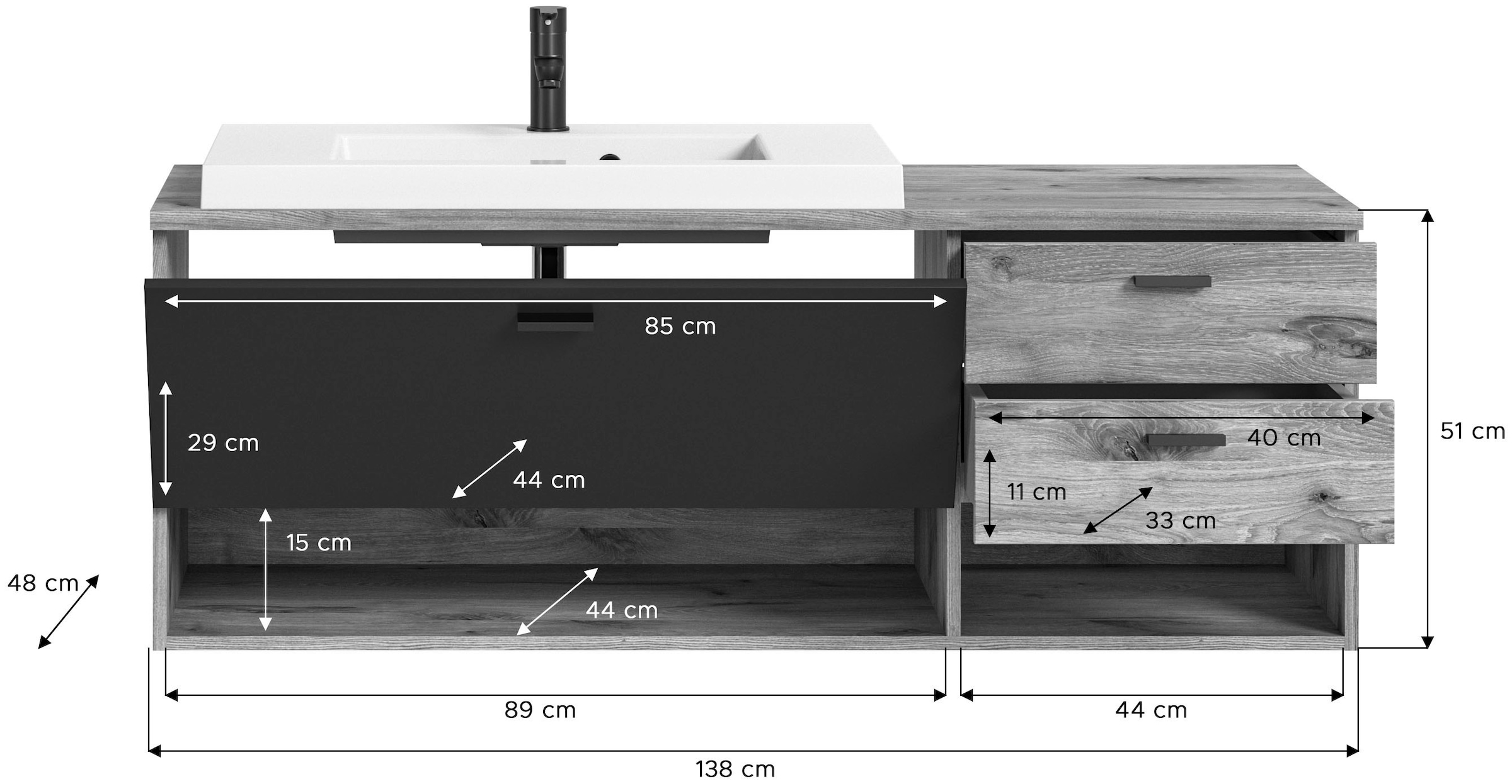 welltime Waschbeckenunterschrank »Dolo, Breite 138 cm, inkl. Aufsatzwaschbecken, 2 Schubkästen, 1 Klappe«, (2 St.), Hängeschrank, Unterschrank, Badmöbel, Badschrank, Schrank, Bad