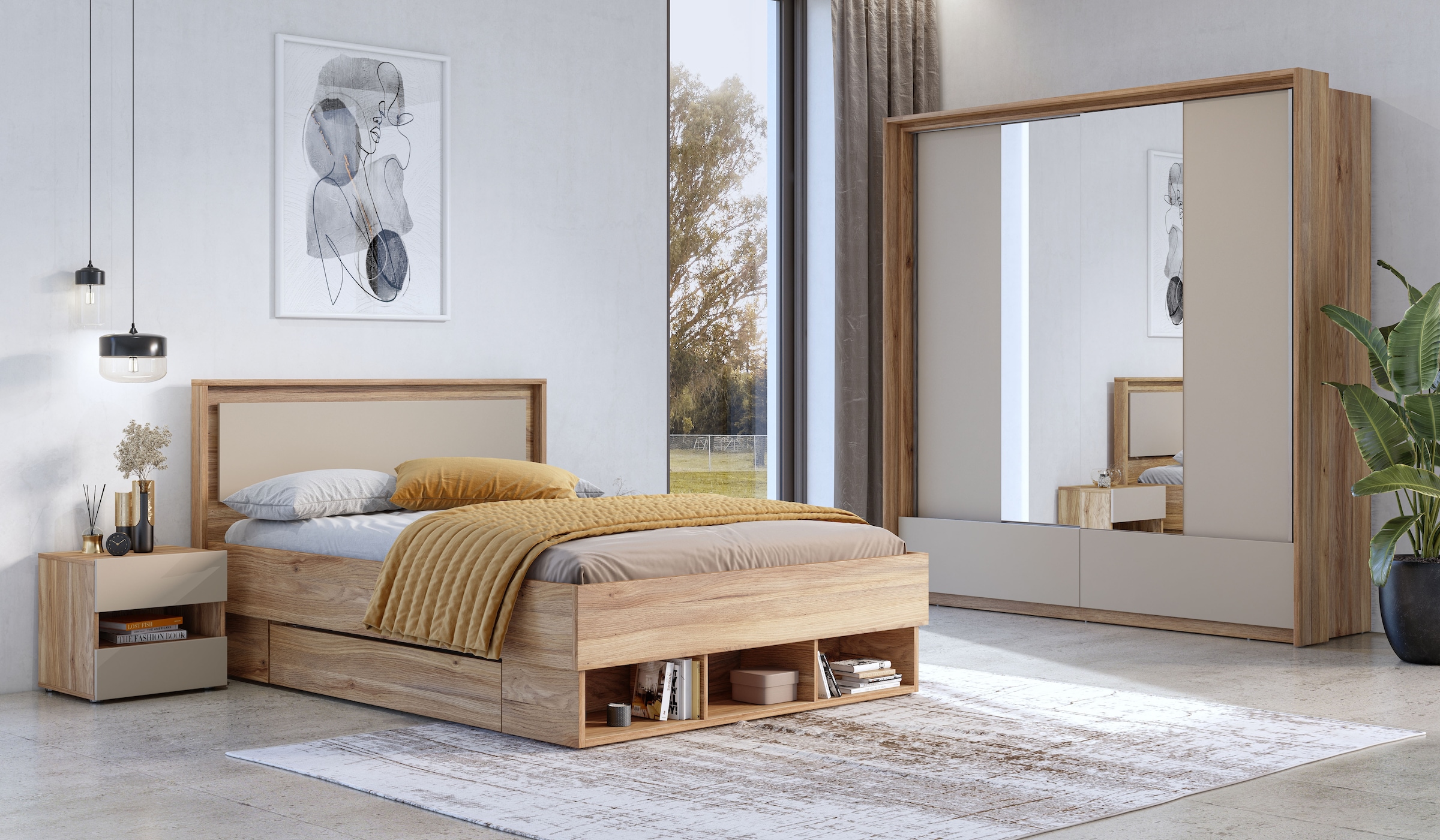 Home affaire Schwebetürenschrank »Wharton, Breite 159 oder 209 cm, Kleiderschrank incl. Innenausstattung«, Wäscheschrank, 2 Schubkästen, 2 Spiegel, Metallgriffe, Garderobe