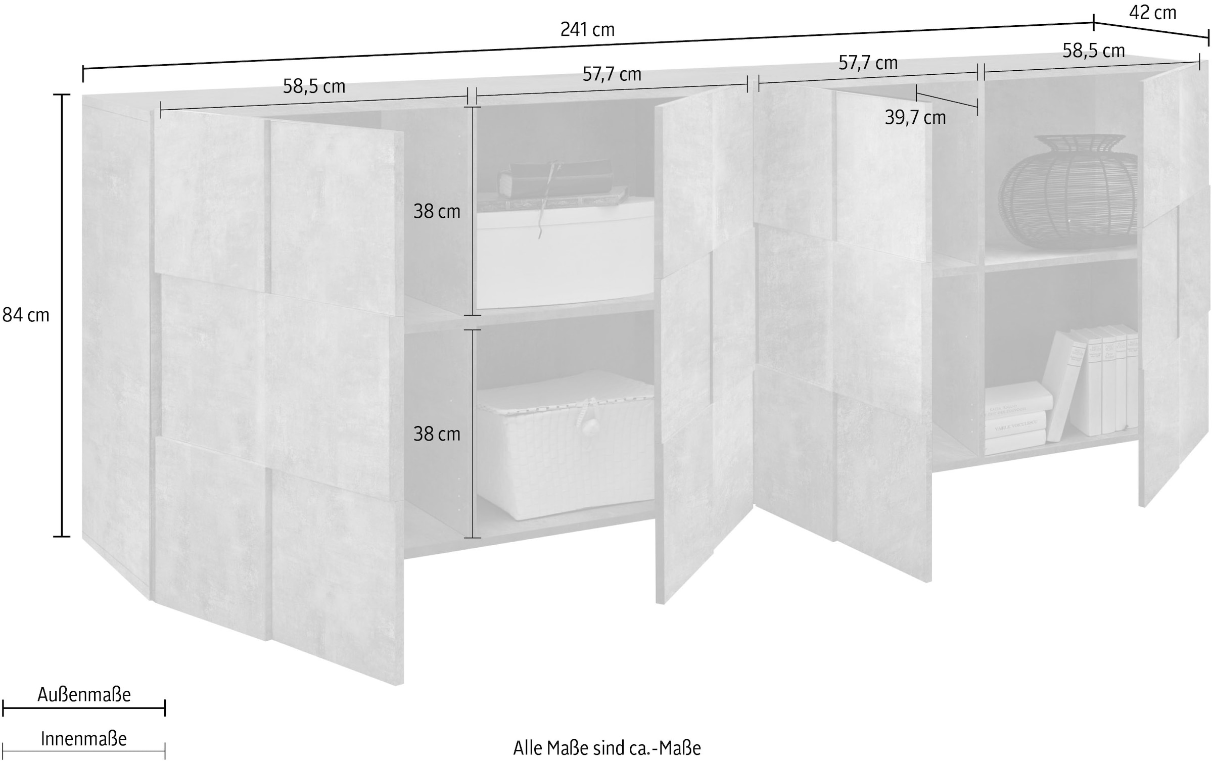 INOSIGN Sideboard »Dama Breite 241, Kommode 4 Türen, Anrichte«, Front in 3D-Optik, viel Stauraum, verschiedene Farben
