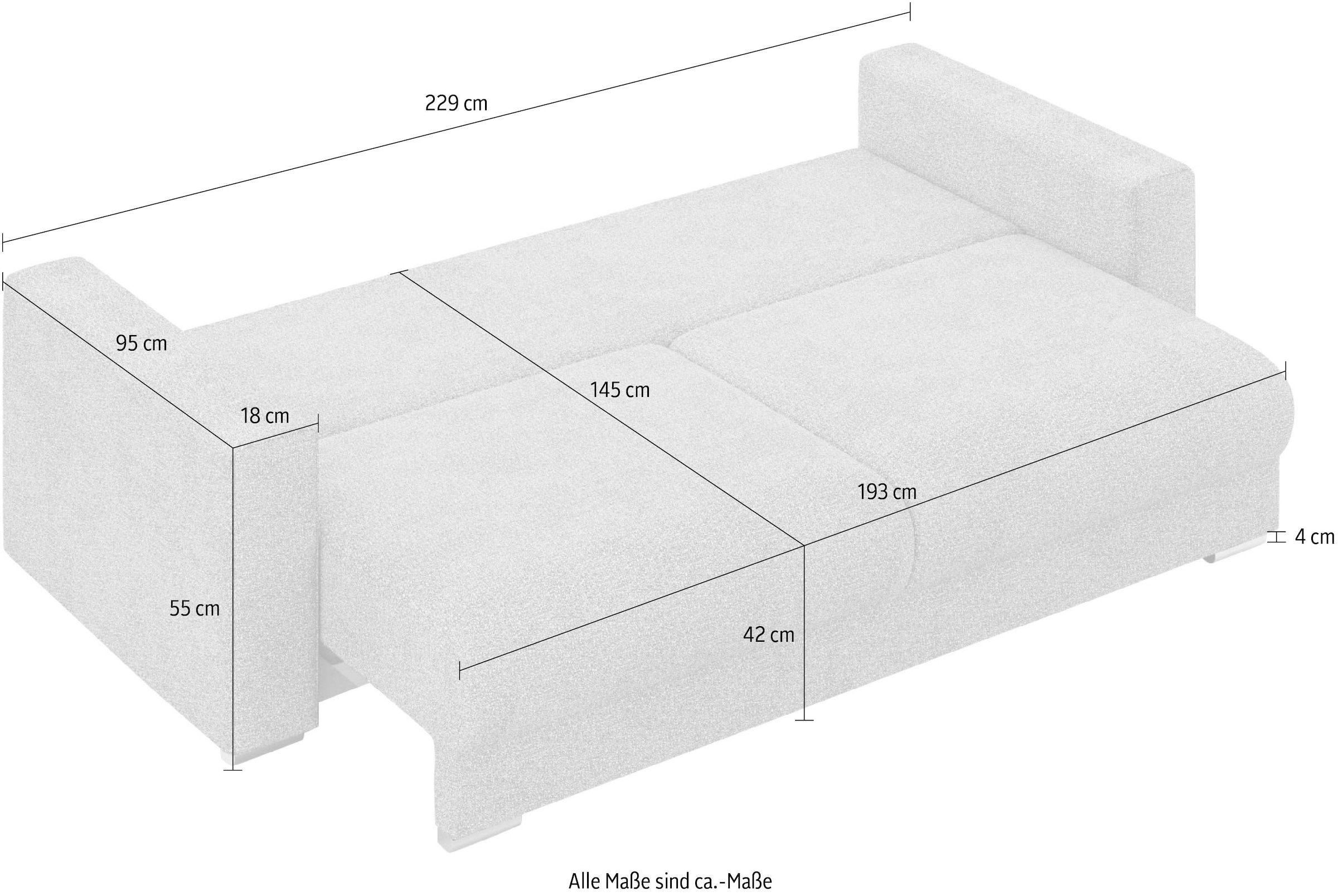 INOSIGN 3-Sitzer »Stevinson Schlafsofa mit Bettkasten, Masse B/H/T: 229/87/97 cm«, mit Wellenunterfederung, 2 Rückenkissen und 2 Zierkissen