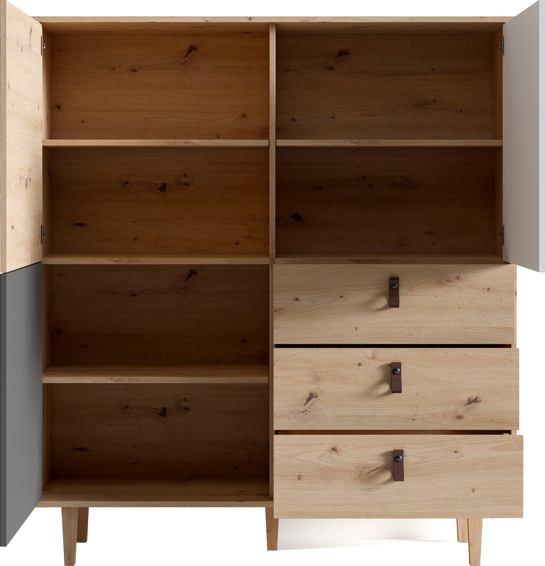 INOSIGN Highboard »Bill, mit drei Schubkästen und drei Türen,«, 120cm Breit mit verstellbaren Einlegeböden, massive Holzbeine