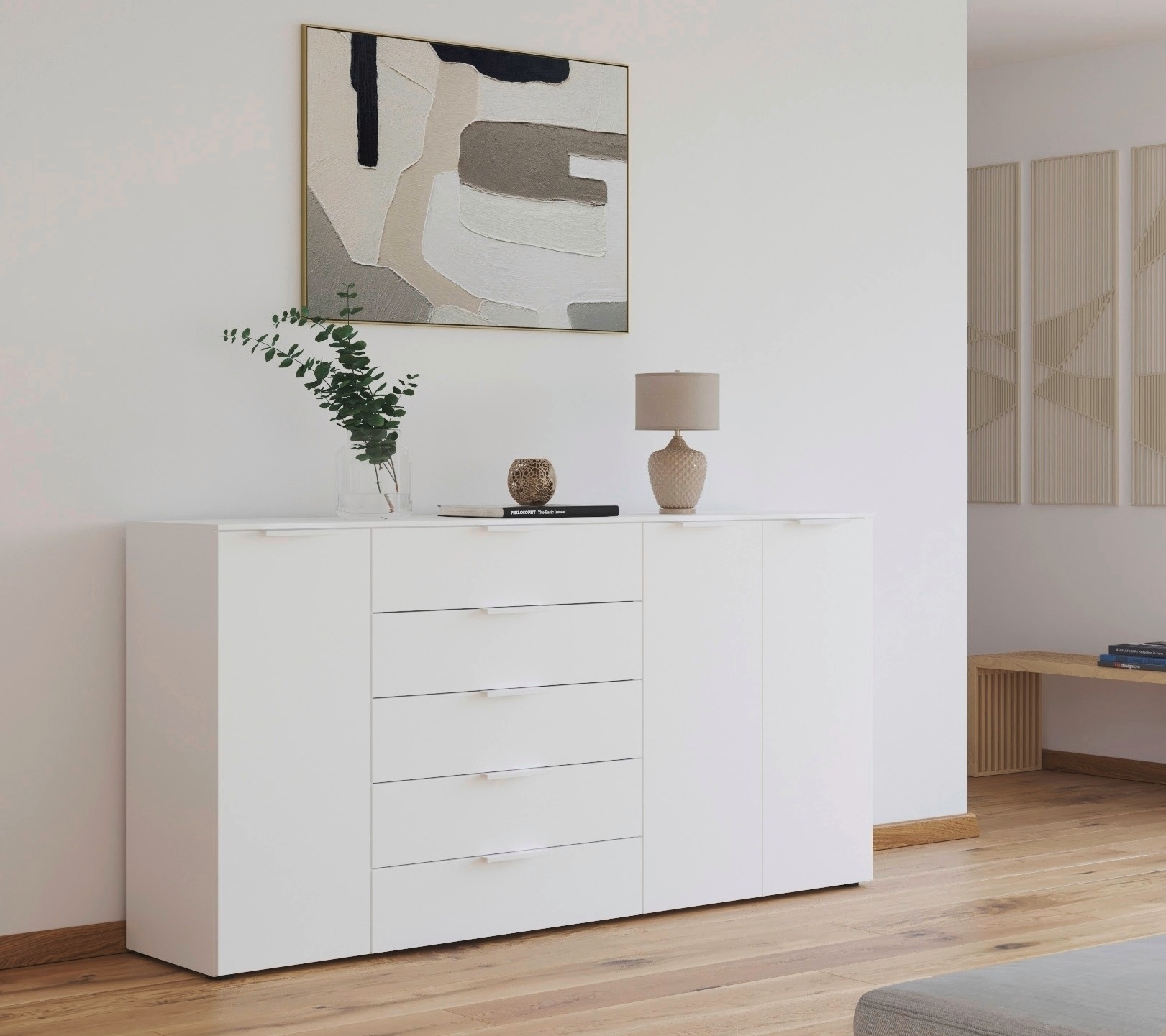 rauch Schubkastenkommode "Kommode Türkommode Sideboard Kombikommode FLIPP" Breite 200 cm mit 4 Einlegeböden, 3-türig mit 5 Schubladen und Soft-Close-Funktion