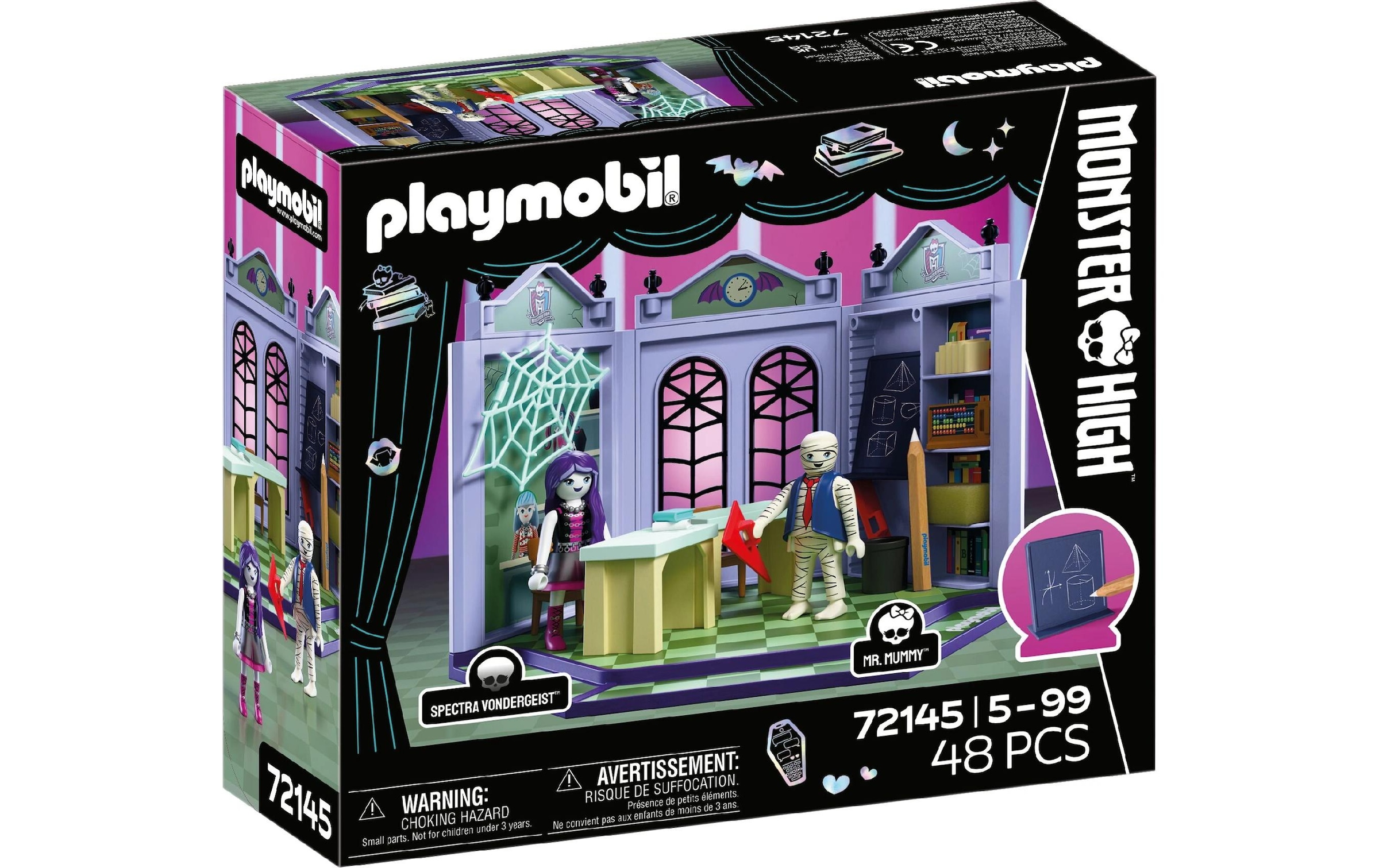 Set Playmobil Monster High 72145 Classeur M. Mummy & Spectra Vondergeist, tableau effaçable, toile d'araignée lumineuse, bureau et livres, 48 pièces - Neuf