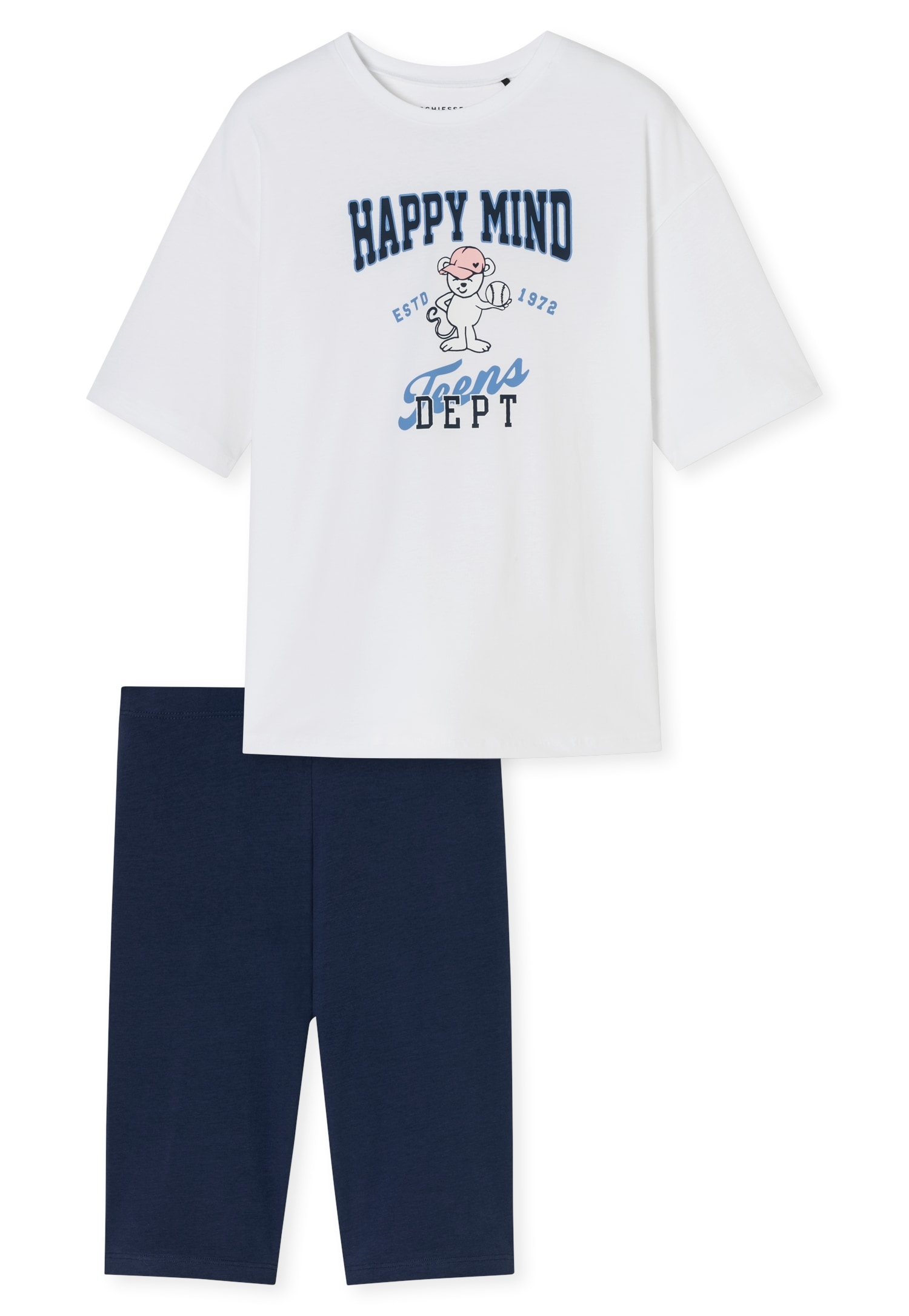 Schiesser Pyjama »"Nightwear"«, mit lustigem Maus-Print und blauen Schriftzügen im College-Style