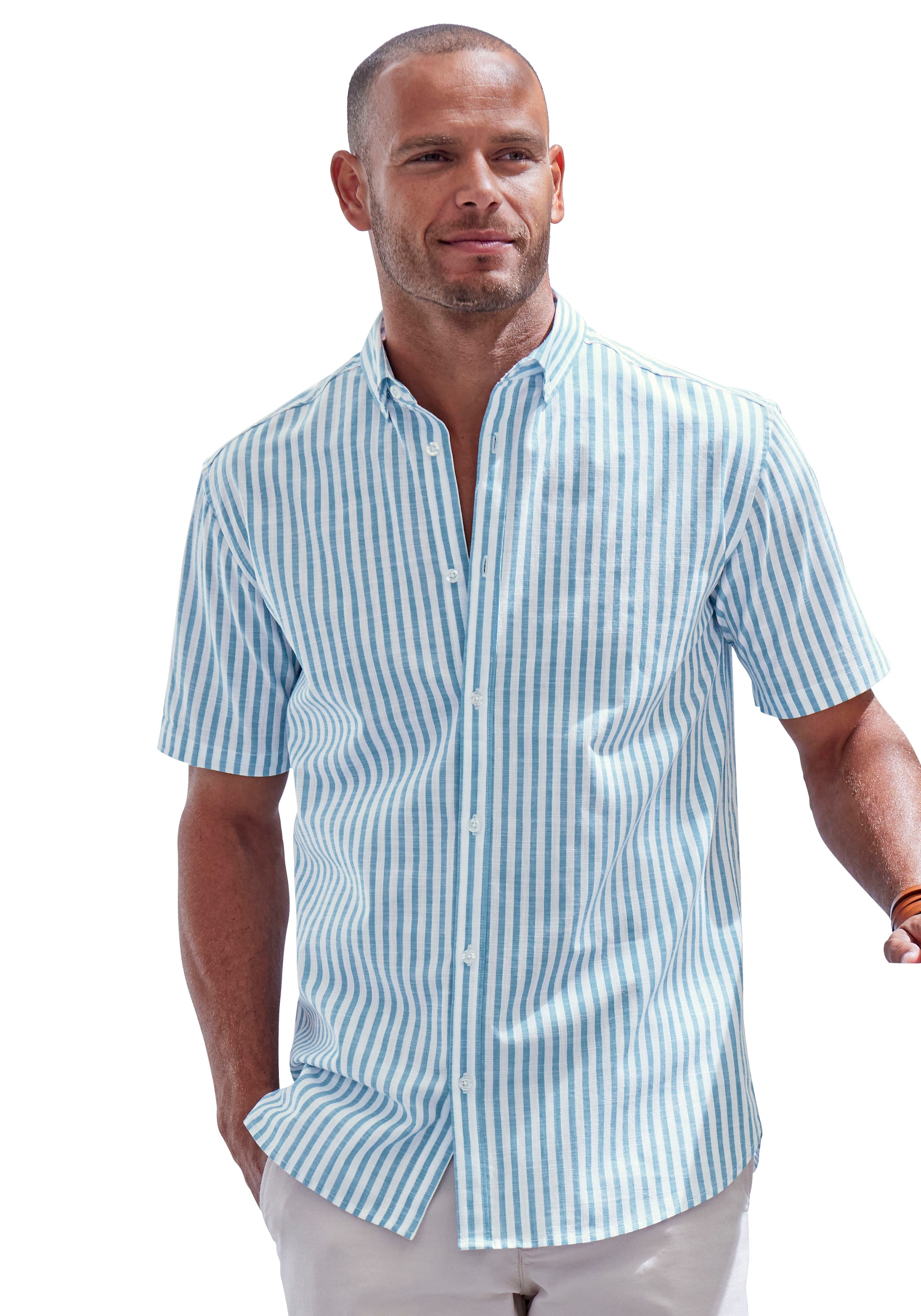 John Devin Kurzarmhemd »Regular Fit,«, Streifenhemd mit Button-down-Kragen aus reiner Baumwolle