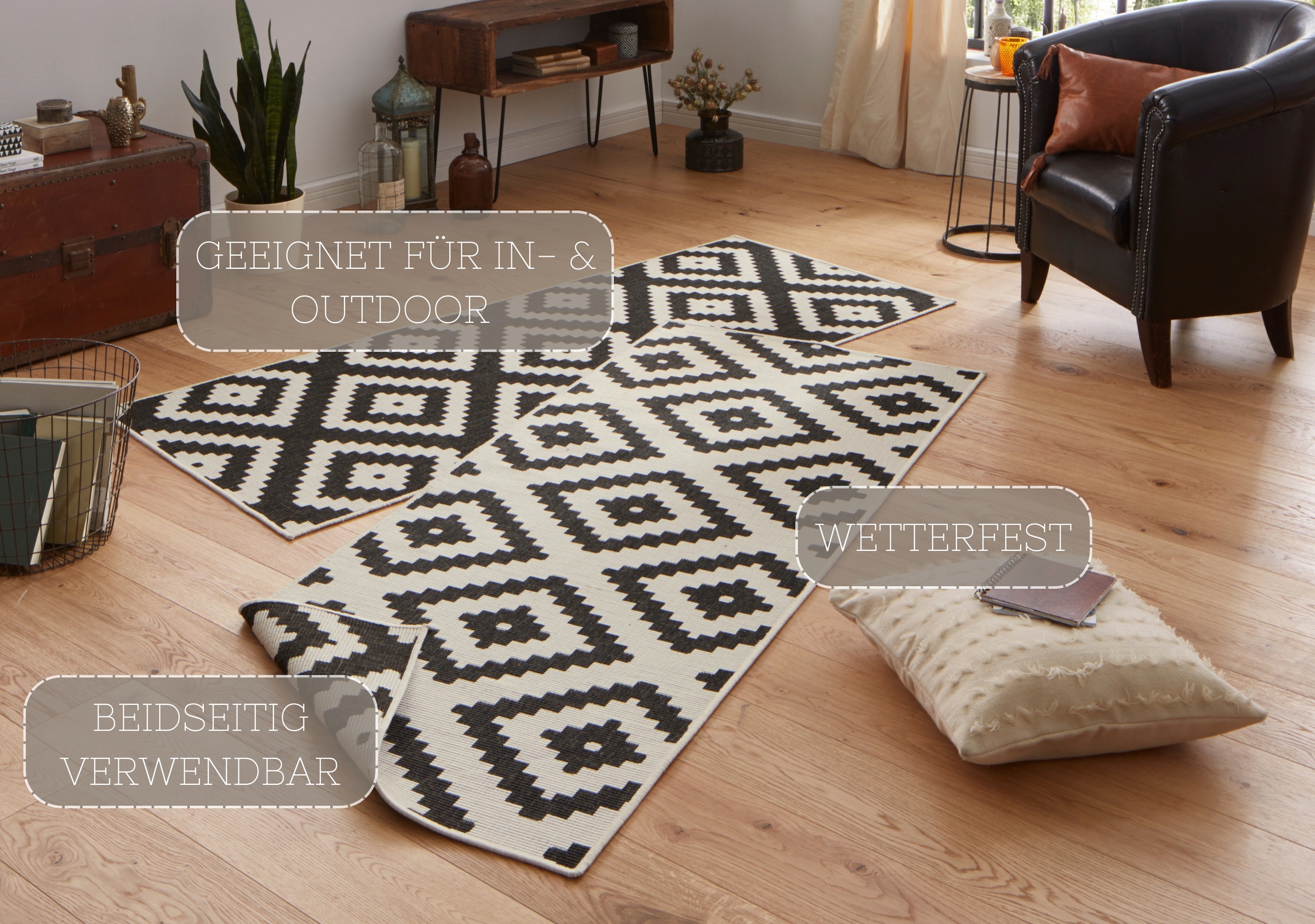 NORTHRUGS Teppich »Malta Wendeteppich«, rechteckig, 5 mm Höhe, In-& Outdoor, Wetterfest, Balkon, Terrasse, Raute, Läufer, Wohnzimmer