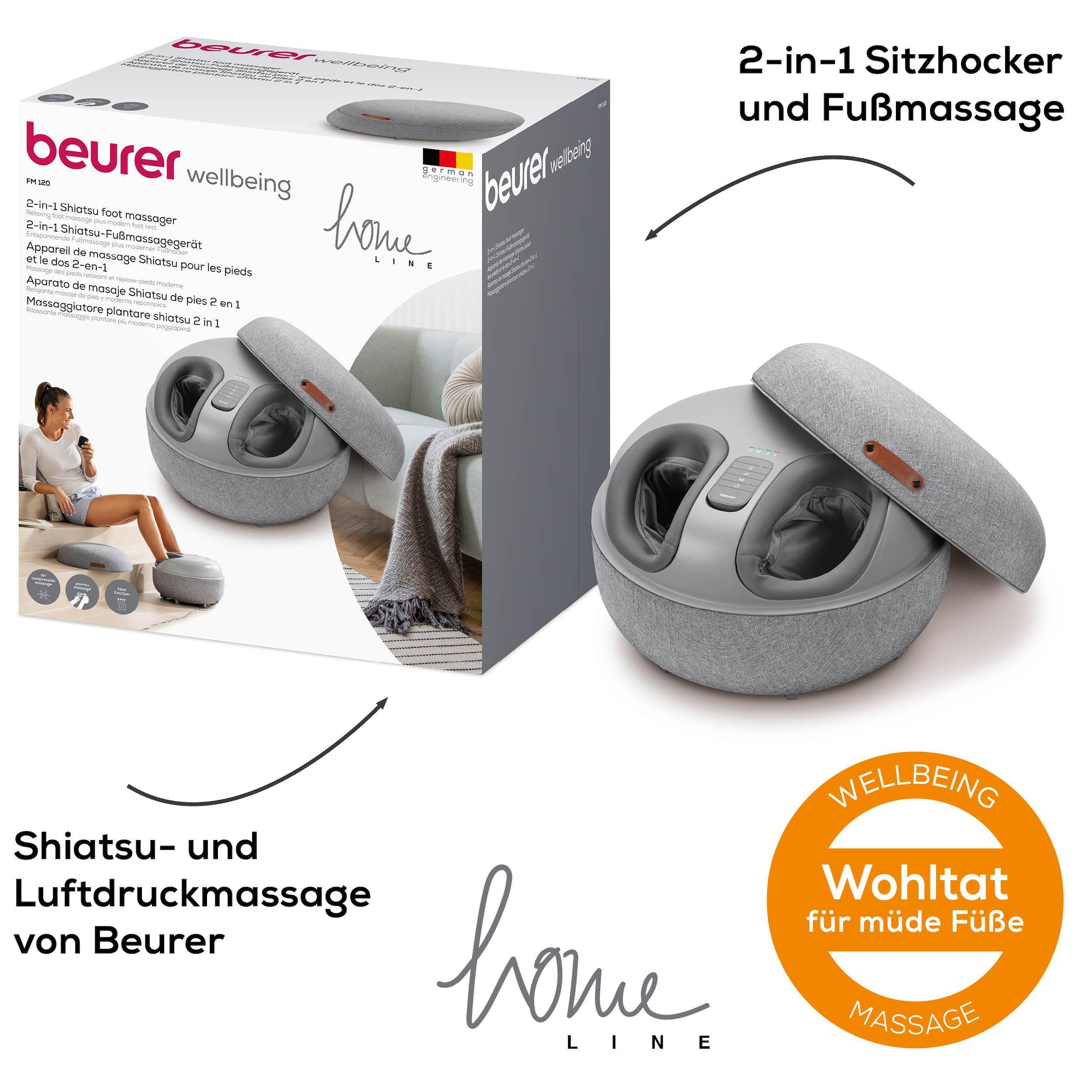 BEURER Shiatsu-Fussmassagegerät »FM 120 2-in-1: stylischer Hocker und Massagegerät«, Mit Luftkompressionsmassage und Shiatsu-Massage, inkl. Wärmefunktion