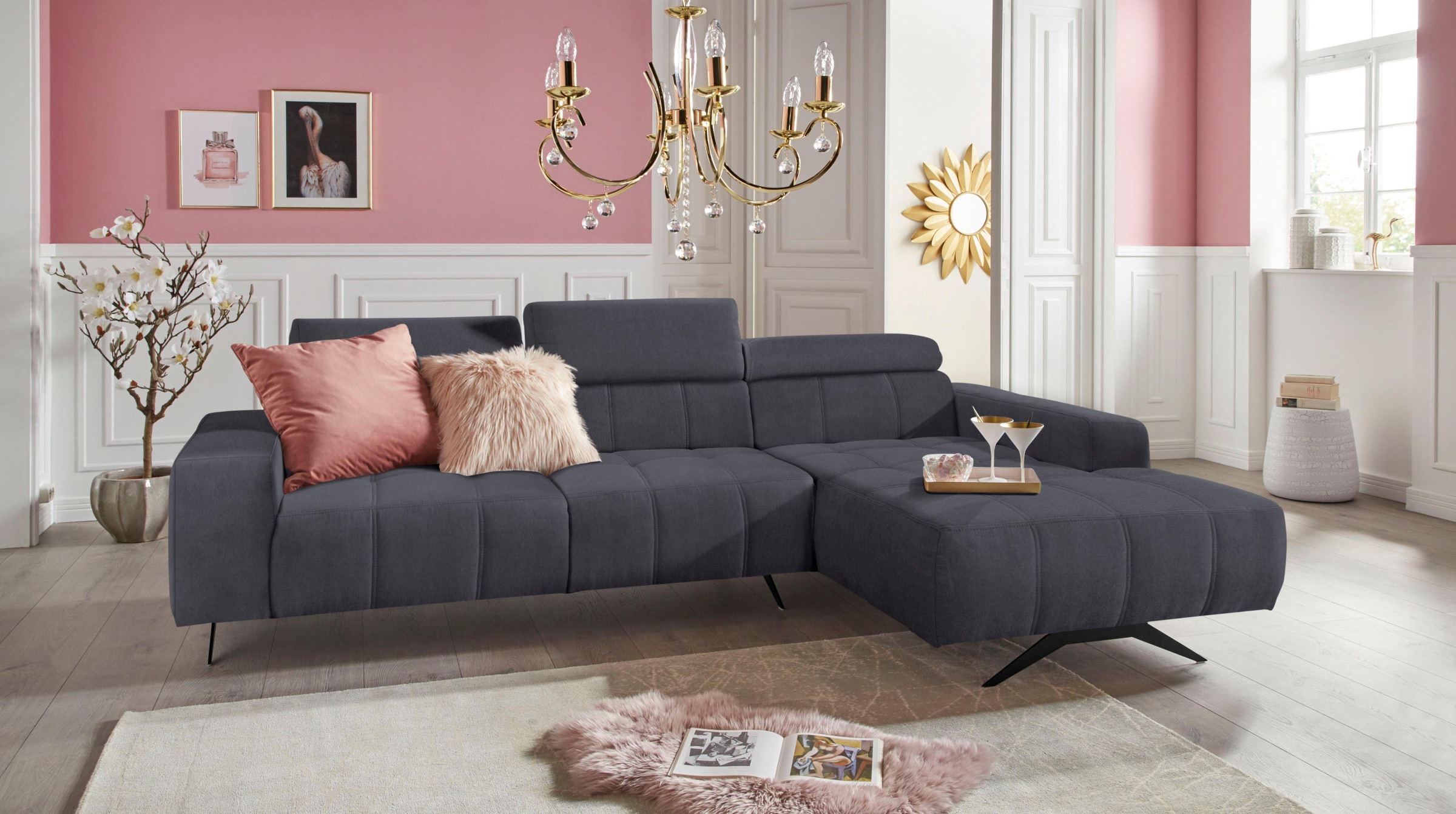 DOMO collection Ecksofa »Trento L-Form, mit Kufenfuss oder Einzelfuss«, wahlweise mit Kopfteilverstellung, Recamiere links/rechts bestellbar