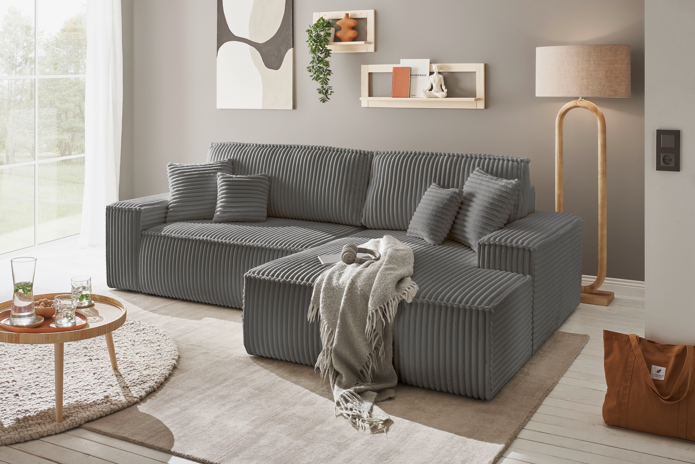 andas Ecksofa »Finnley Schlafsofa 267 cm in Bouclé, Struktur fein u. Cord, L-Form,«, Schlaffunktion m. Bettkasten (136/210 cm), Bouclé, Struktur und Cord