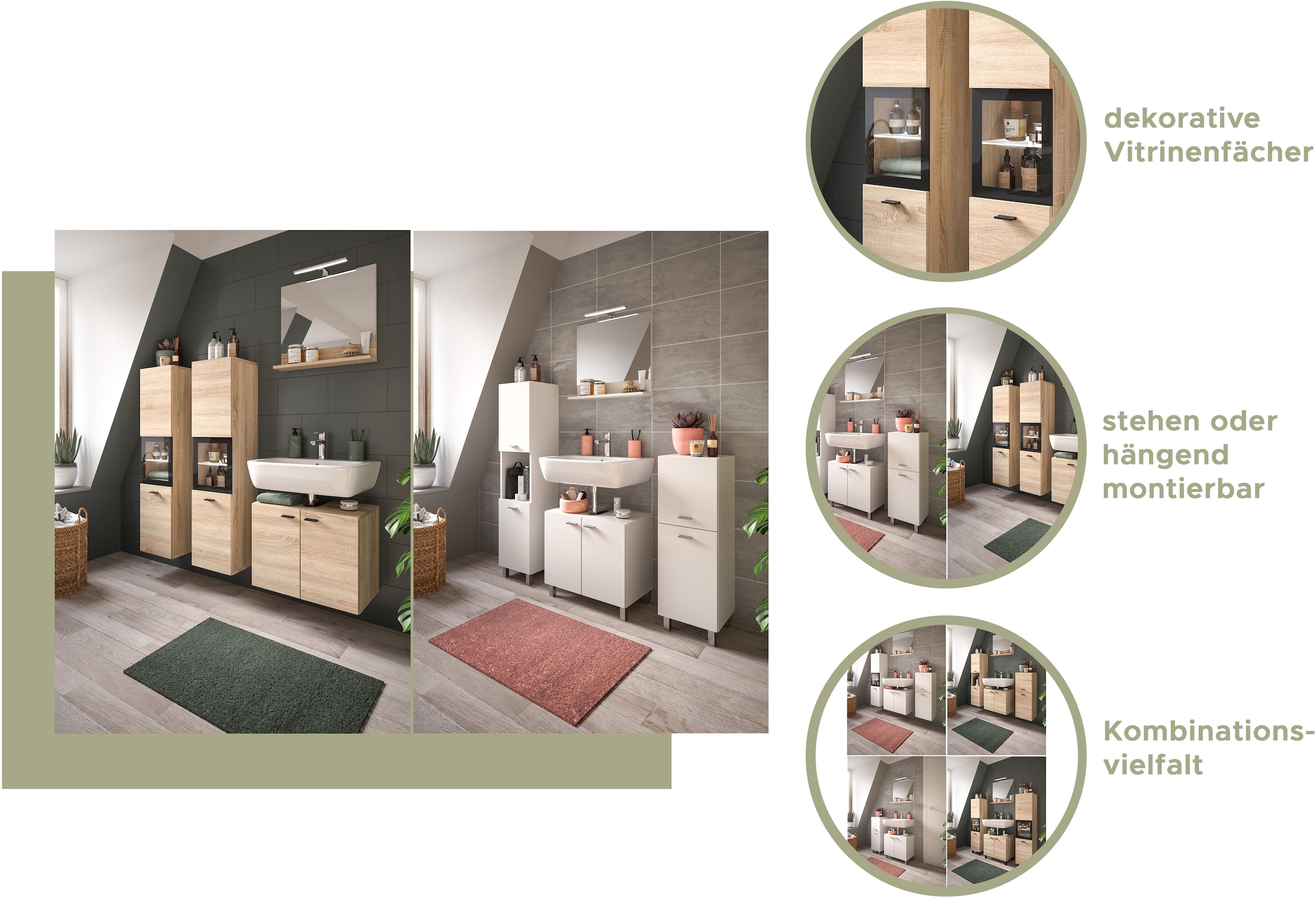 welltime Badmöbel-Set »Tampa, best. aus Waschbeckenunterschrank und Spiegel, Breite 57cm,«, (Set, 2 St.), 2-teilig, Bad-Möbel, Bad-Spiegel, Badschrank