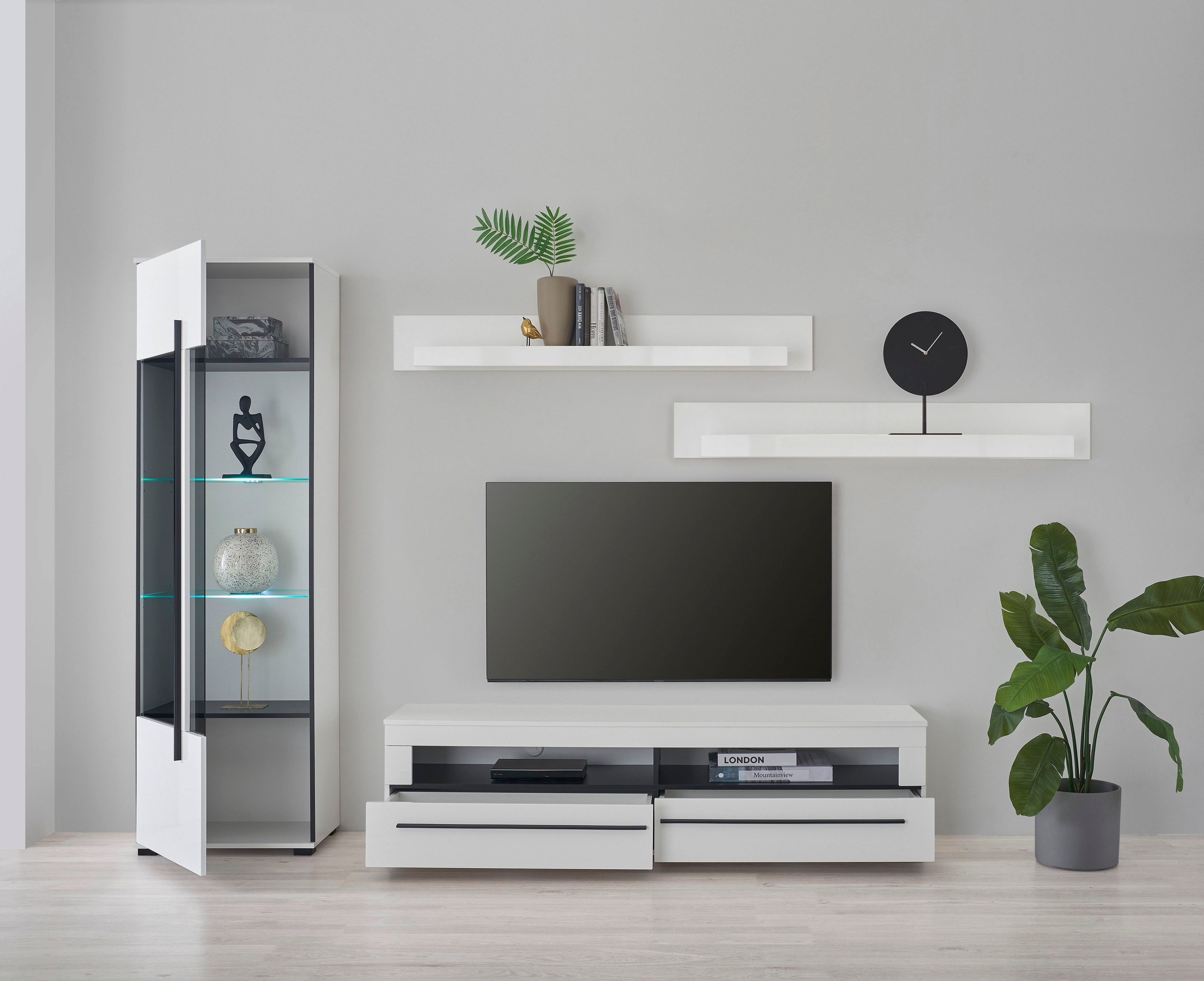 INOSIGN Wohnwand »Cantara, moderne Anbauwand, Wohnzimmer-Set, in Eiche Evoke oder Weiss«, (Set), enthält eine Vitrine, ein Lowboard und zwei Wandboards