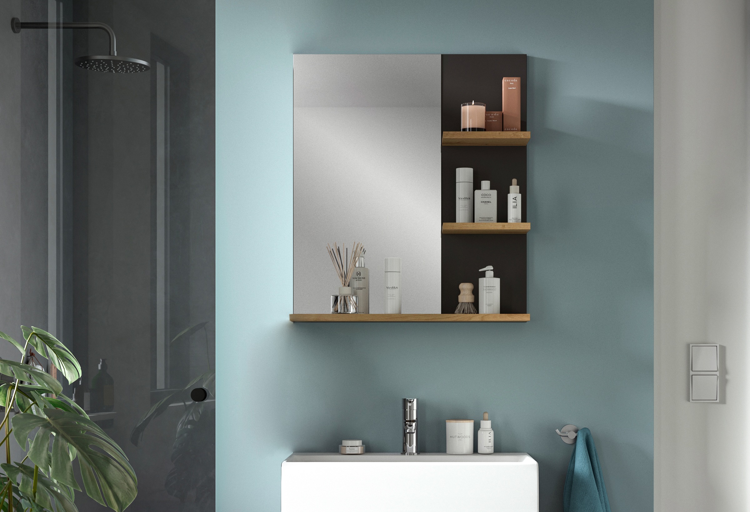 welltime Badspiegel "REHAT, Breite 63 cm, mit 3 Ablageböden, hochwertiges Spiegelglas" Badmöbel, Spiegel, Wandspiegel, Bad, Badezimmer