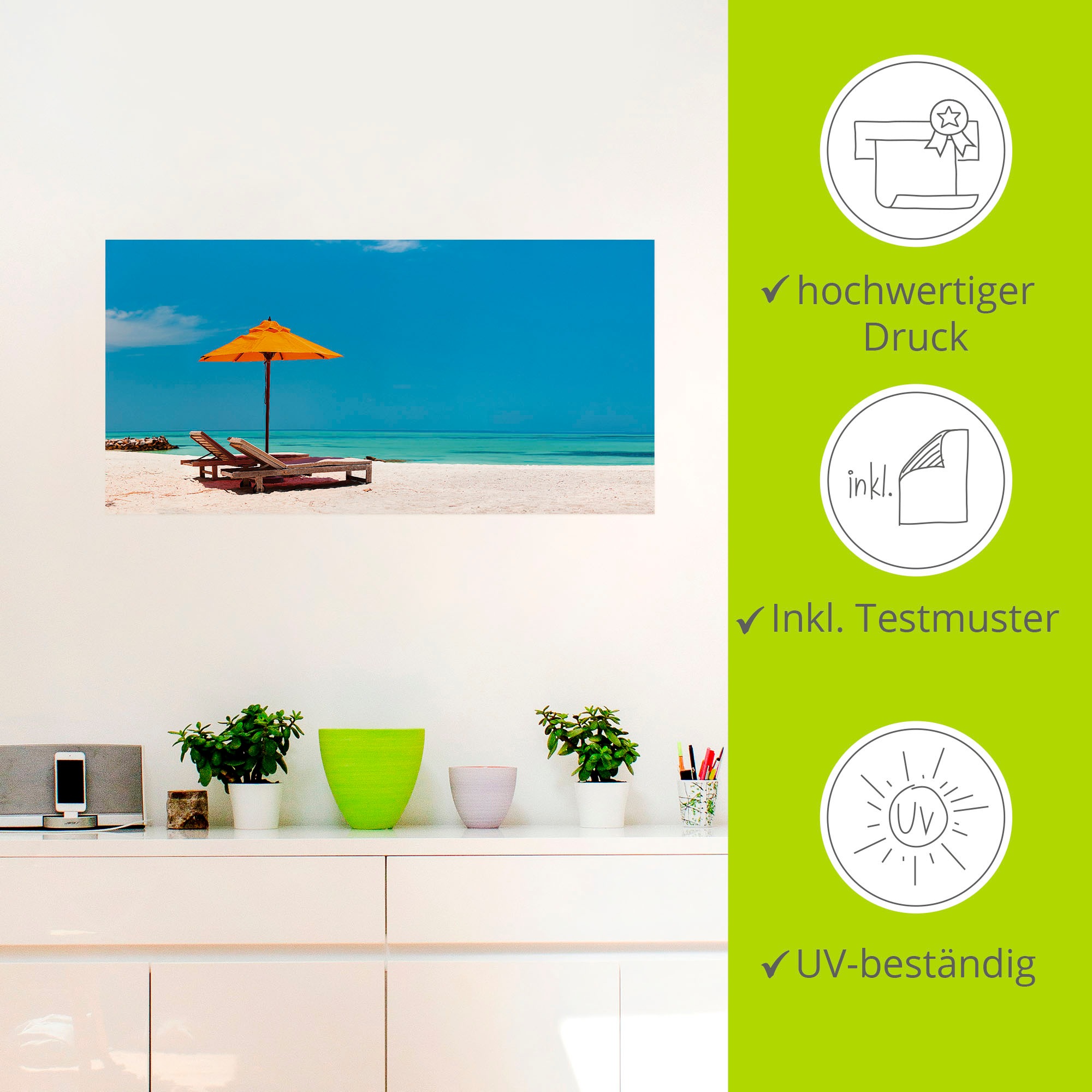 Artland Wandbild »Liegestuhl Sonnenschirm Strand Malediven«, Strand, (1 St.), als Alubild, Outdoorbild, Leinwandbild, Poster, Wandaufkleber