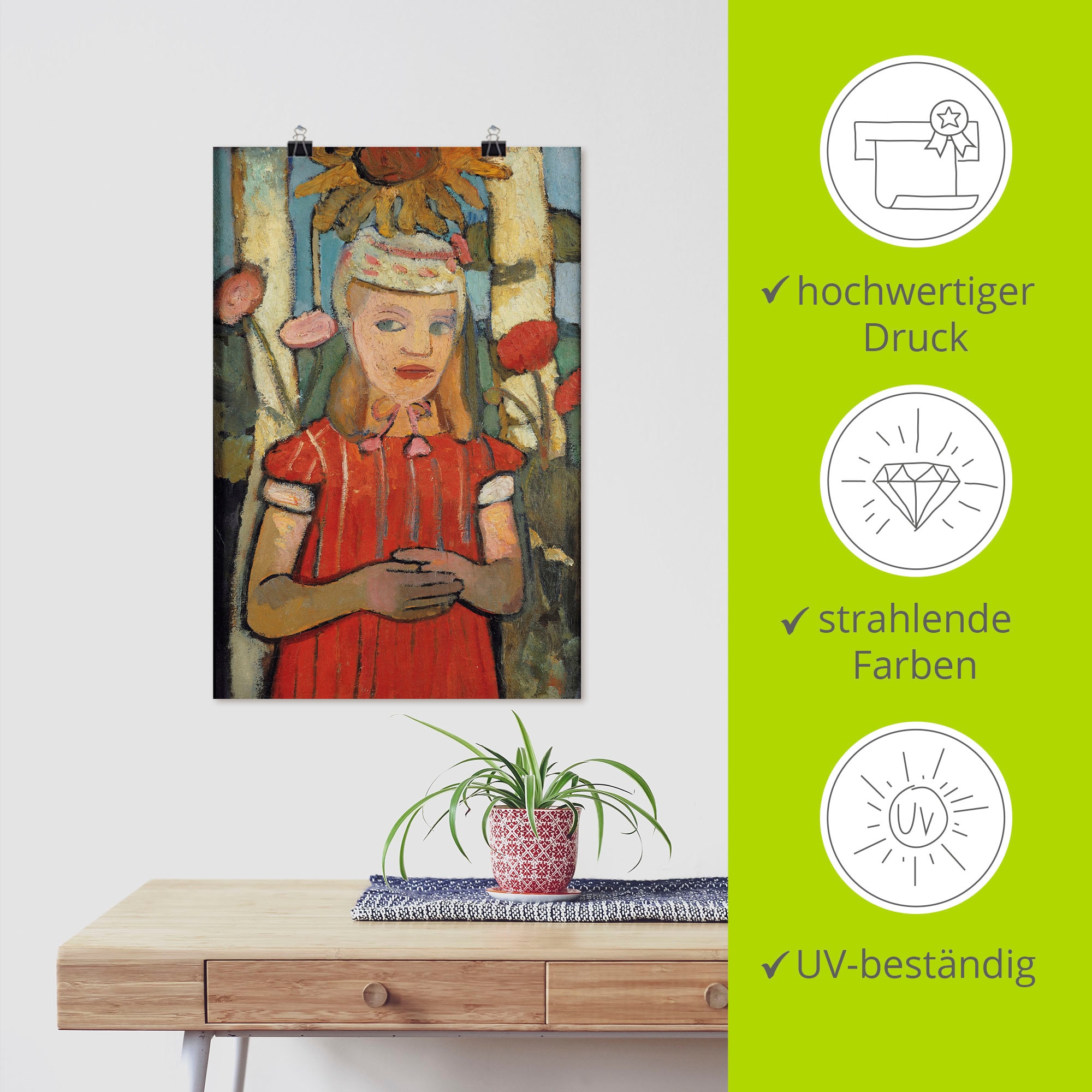 Artland Kunstdruck »Mädchen in rotem Kleid vor Sonnenblume.«, Bilder von Kindern, (1 St.), als Alubild, Leinwandbild, Wandaufkleber oder Poster in versch. Grössen