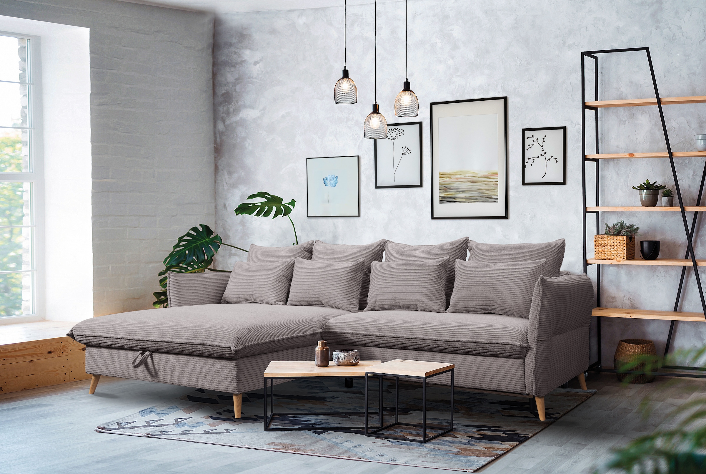 exxpo - sofa fashion Ecksofa "WALPY, elegant & modern, bequem, schmale Armlehnen, Breite 274cm" L-Form, wahlweise mit Bettfunktion und Bettkasten, in Cord