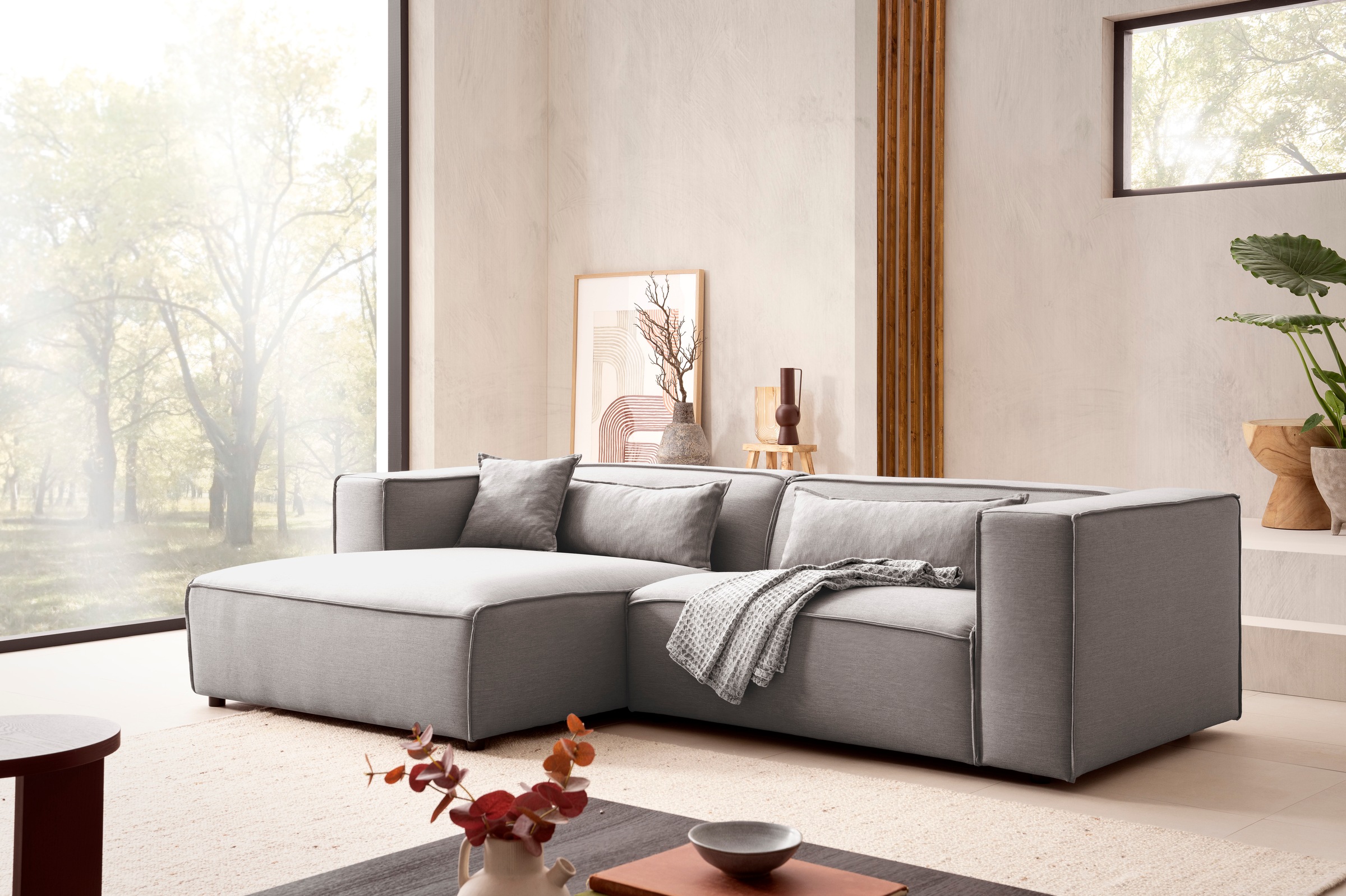 LeGer Home by Lena Gercke Ecksofa »PIARA mit Kedernaht, Cord, Leinenoptik o. Strukturstoff, Couch, L-Form«, wahlweise Ottomane rechts/links, schwarze Füsse, bequemer Sitzkomfort