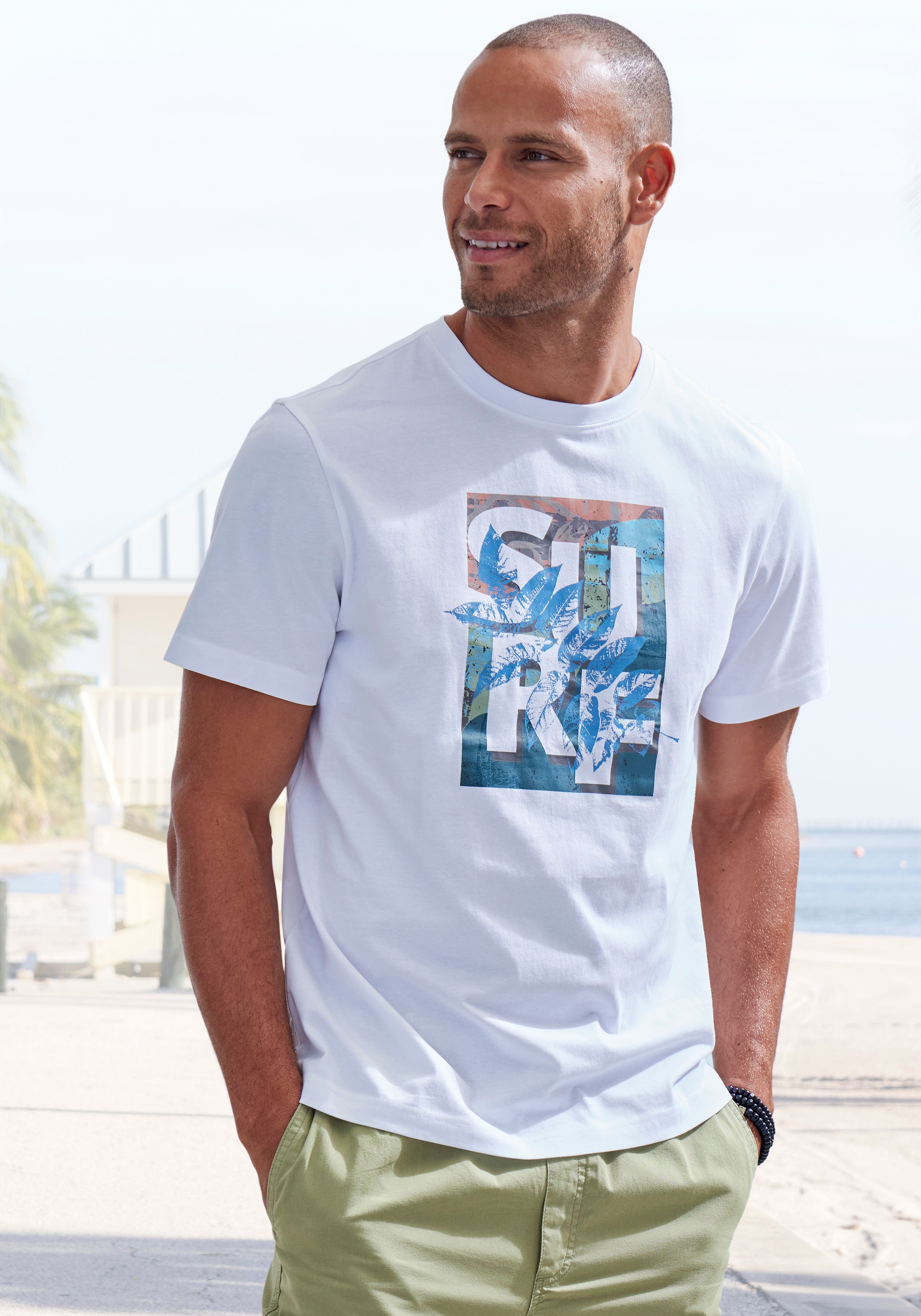 John Devin T-Shirt Rundhalsshirt mit Surf -Aufdruck aus reiner Baumwolle