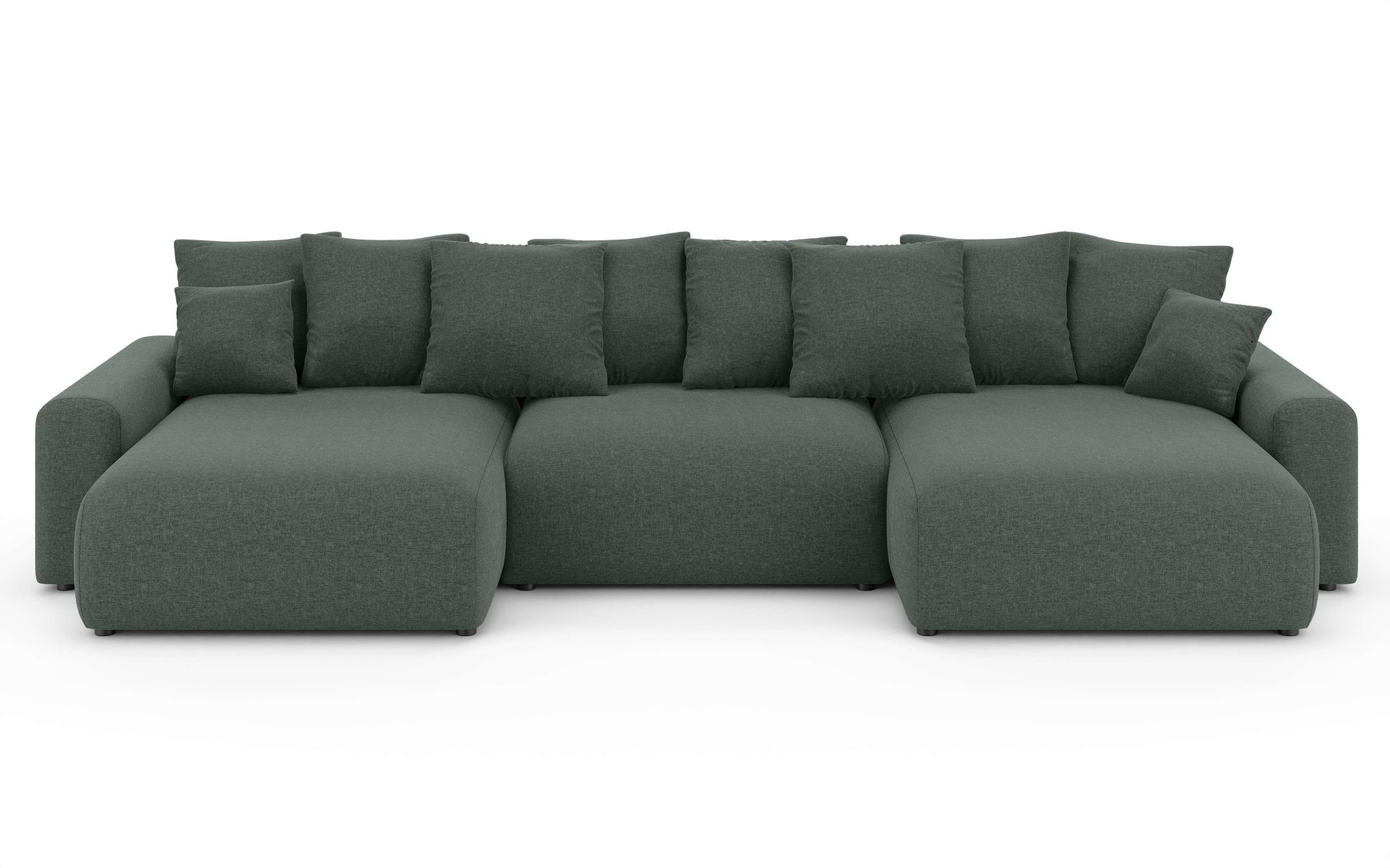 Home affaire Wohnlandschaft »LAKESIDE mit Bettfunktion und Bettkasten, Masse B/T/H: 332,5/142/84 cm«, U‑Form mit vielen Kissen und Wellenunterfederung