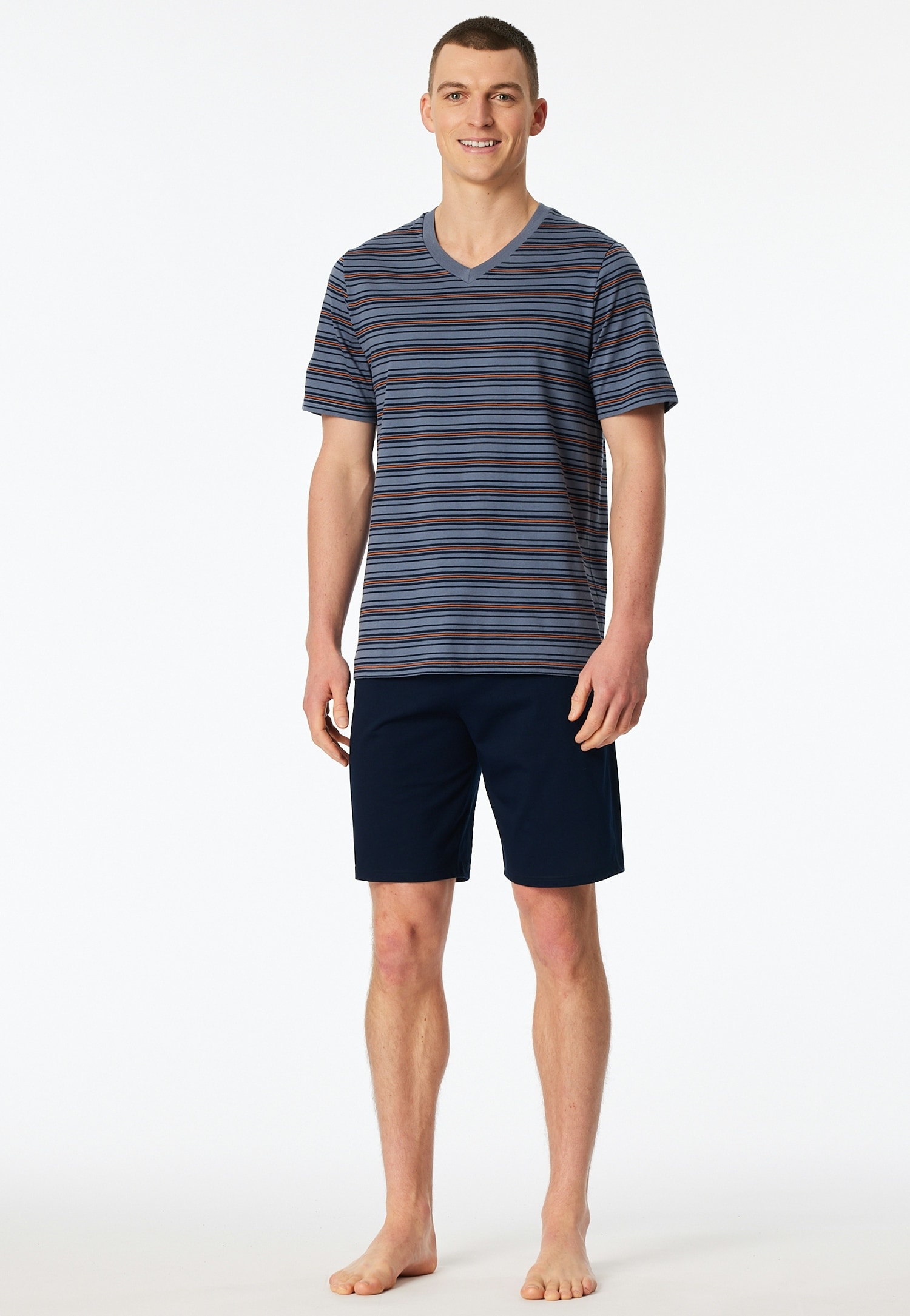 Schiesser Shorty "Casual Nightwear" 2 mit V-Ausschnitt und kurzem Arm, Oberteil gestreift