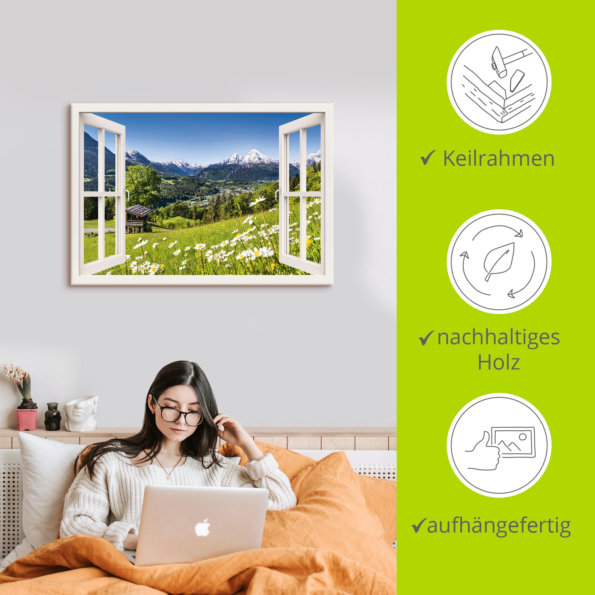 Artland Wandbild »Fensterblick Bayerischen Alpen«, Berge, (1 St.), als Alubild, Leinwandbild, Wandaufkleber oder Poster in versch. Grössen