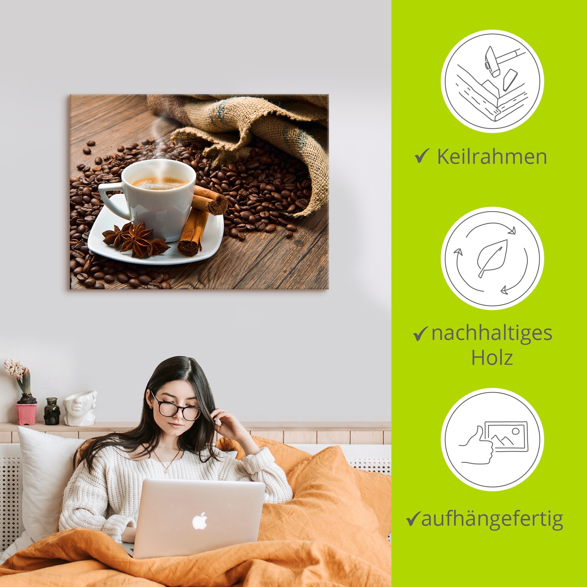 Artland Wandbild »Kaffeetasse Leinensack mit Kaffeebohnen«, Getränke, (1 St.), als Leinwandbild, Poster in verschied. Grössen