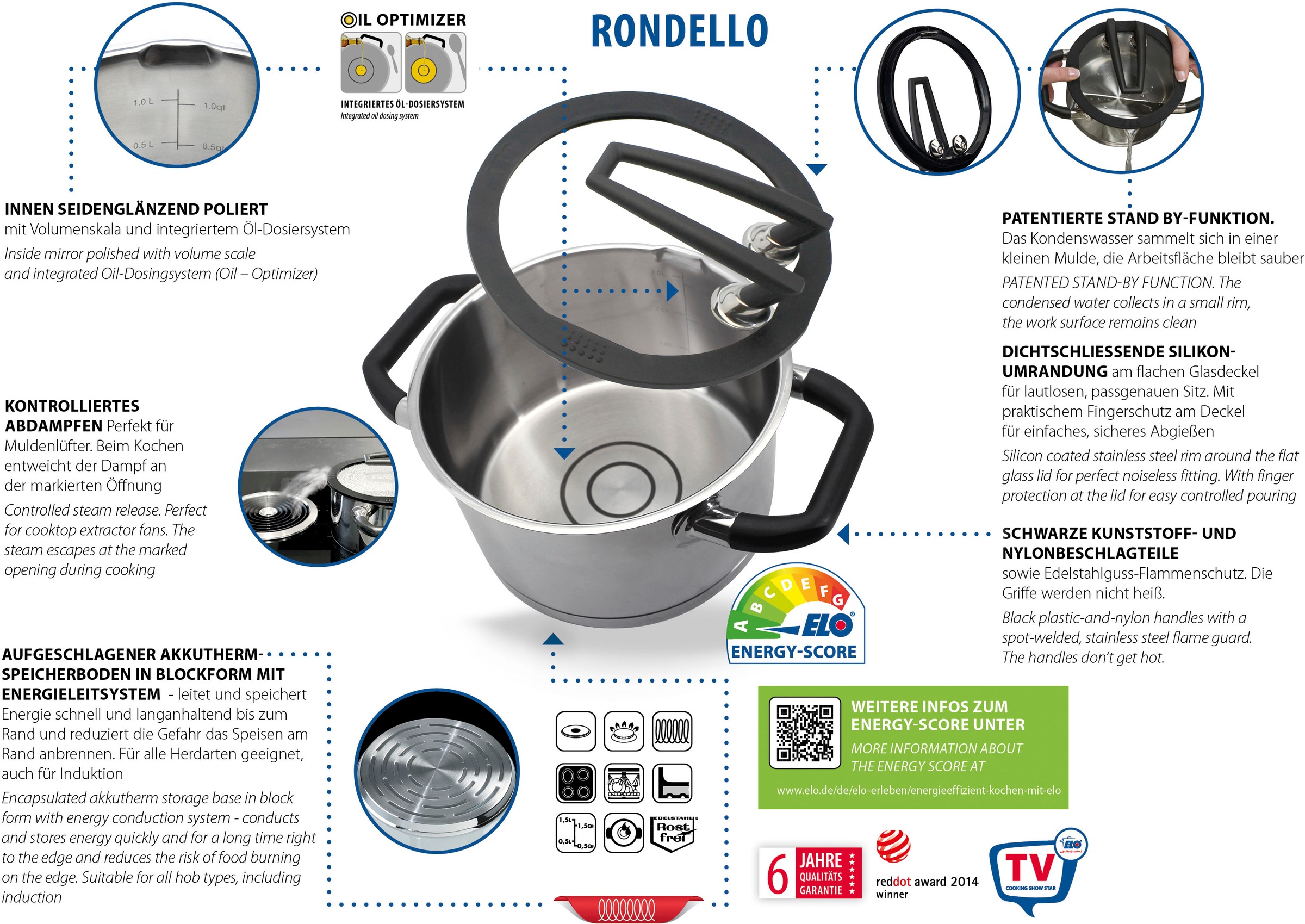 Elo Premium Topf-Set »Rondello«, Edelstahl 18/10-Edelstahl 18/8, (Set, 7 tlg., je 1 Fleischtopf Ø 16/20/24 cm, 1x Stieltopf Ø 16 cm), mit integriertem Öl-Dosiersystem, Induktion