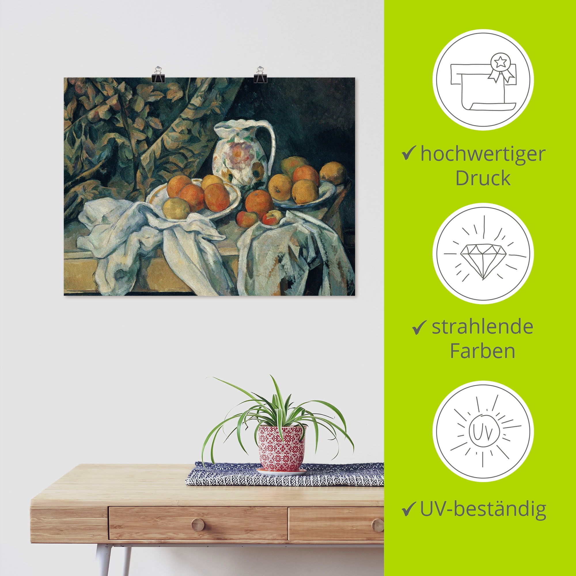 Artland Kunstdruck »Stillleben mit Pfirsichen und Flaschen«, Arrangements, (1 St.), als Leinwandbild, Wandaufkleber oder Poster in versch. Grössen