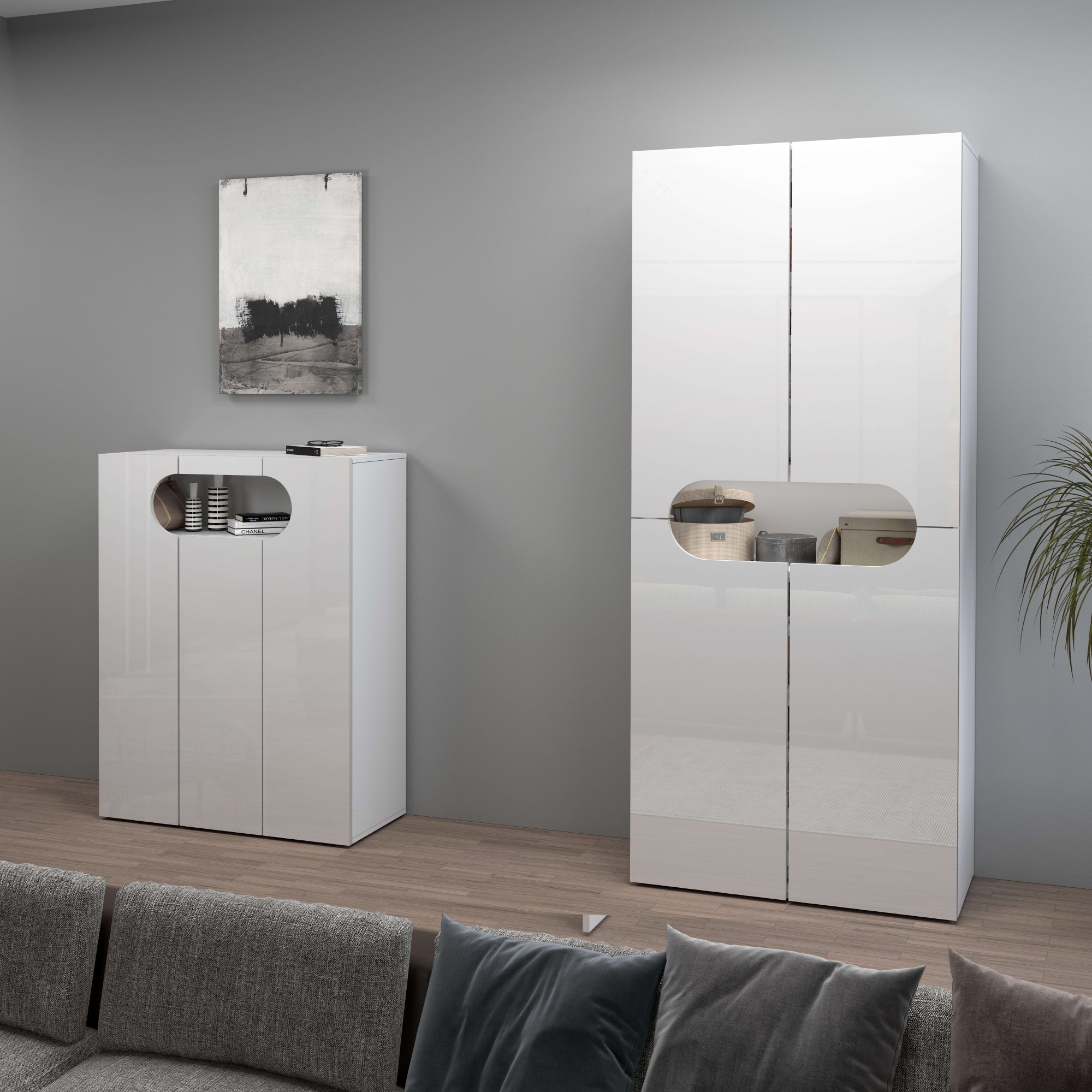 INOSIGN Schuhschrank »Real,Schuhschrank,Schuhkommode,Schuhregal,Breite 80 cm,Höhe 190 cm«, komplett Hochglanz lackiert, 4 Türen mit offenem Fach in ovaler Form