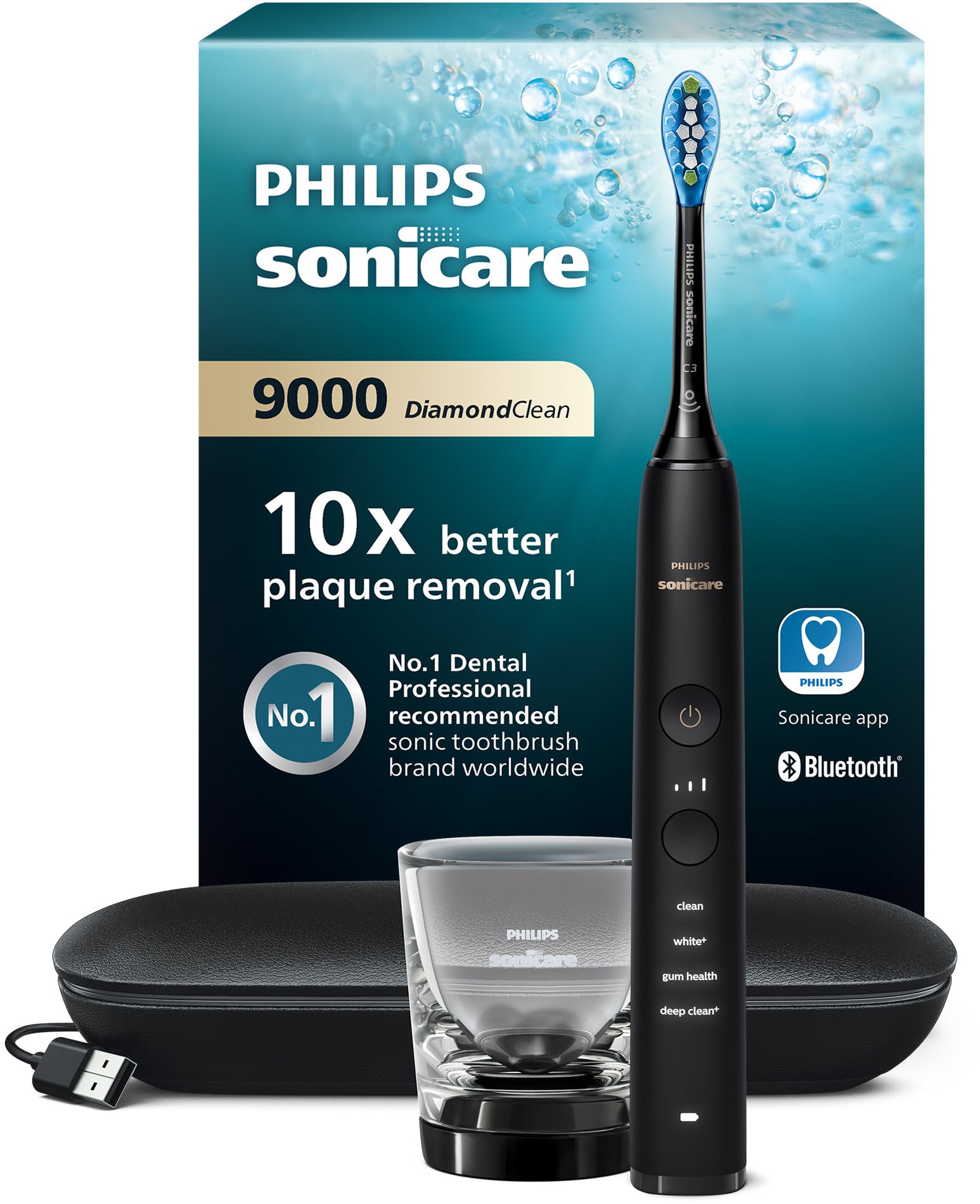Philips Sonicare Elektrische Zahnbürste "DiamondClean 9000 HX9911" 1 Stk. Aufsteckbürsten mit Schalltechnologie, Ladeglass, USB-Reiseetui