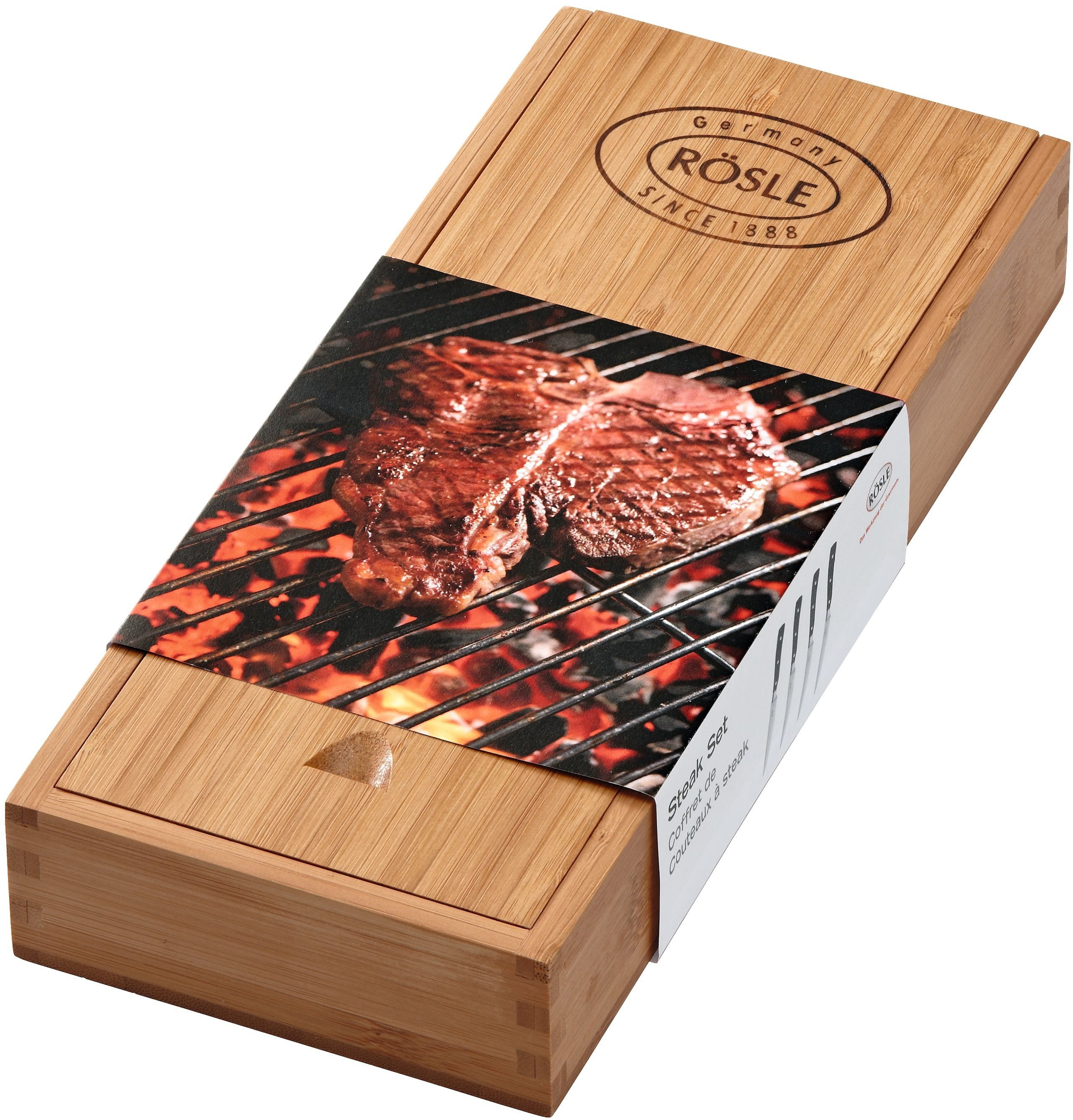 RÖSLE Steakmesser, (Set, 4 tlg.), 4 Steakmesser mit Klinge aus Klingenspezialstahl, inkl. Holzbox