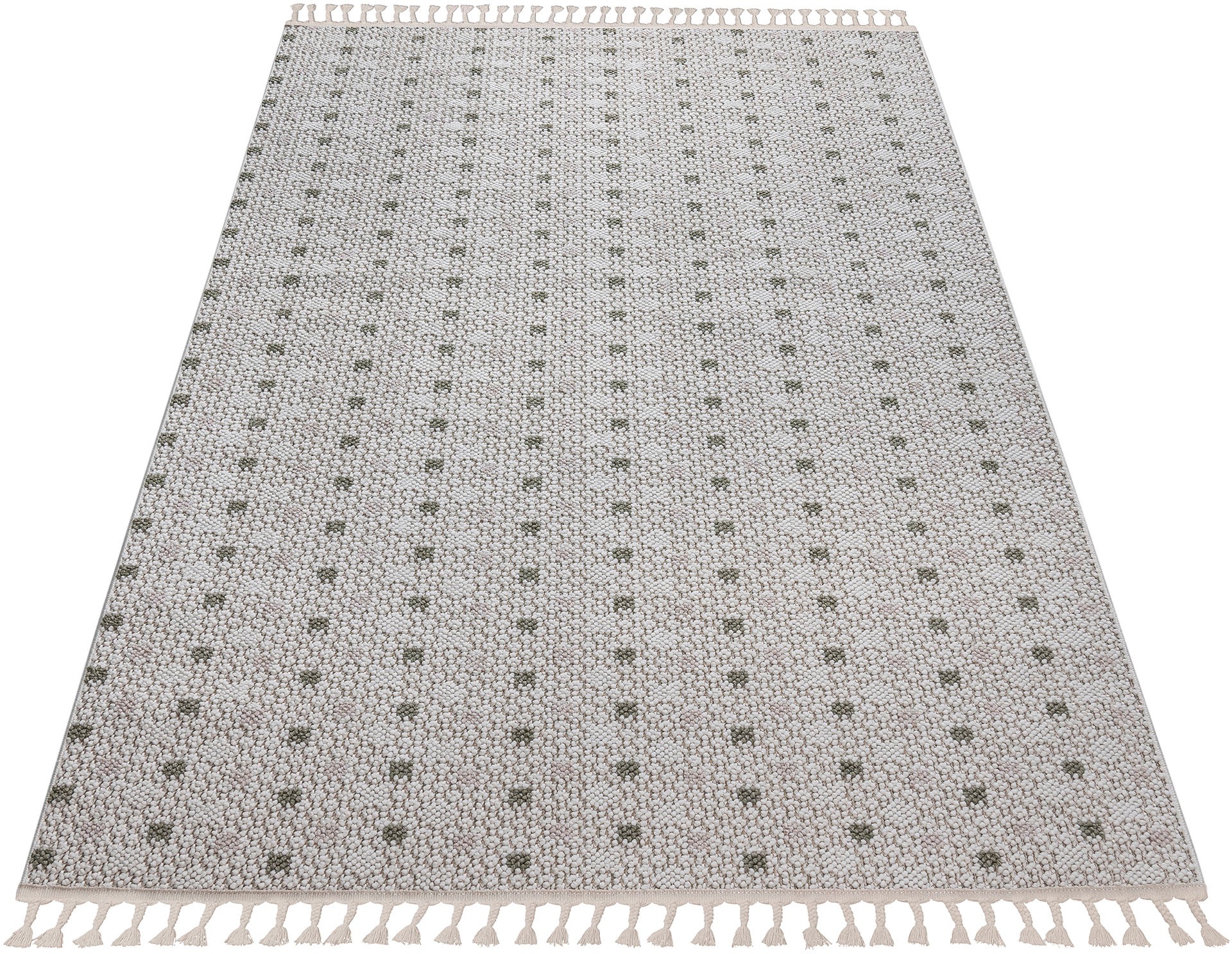 Bruno Banani Teppich »Dotty«, rechteckig, 6 mm Höhe, Woll-Optik, Hoch-Tief Struktur, In- und Outdoor geeignet, mit Fransen