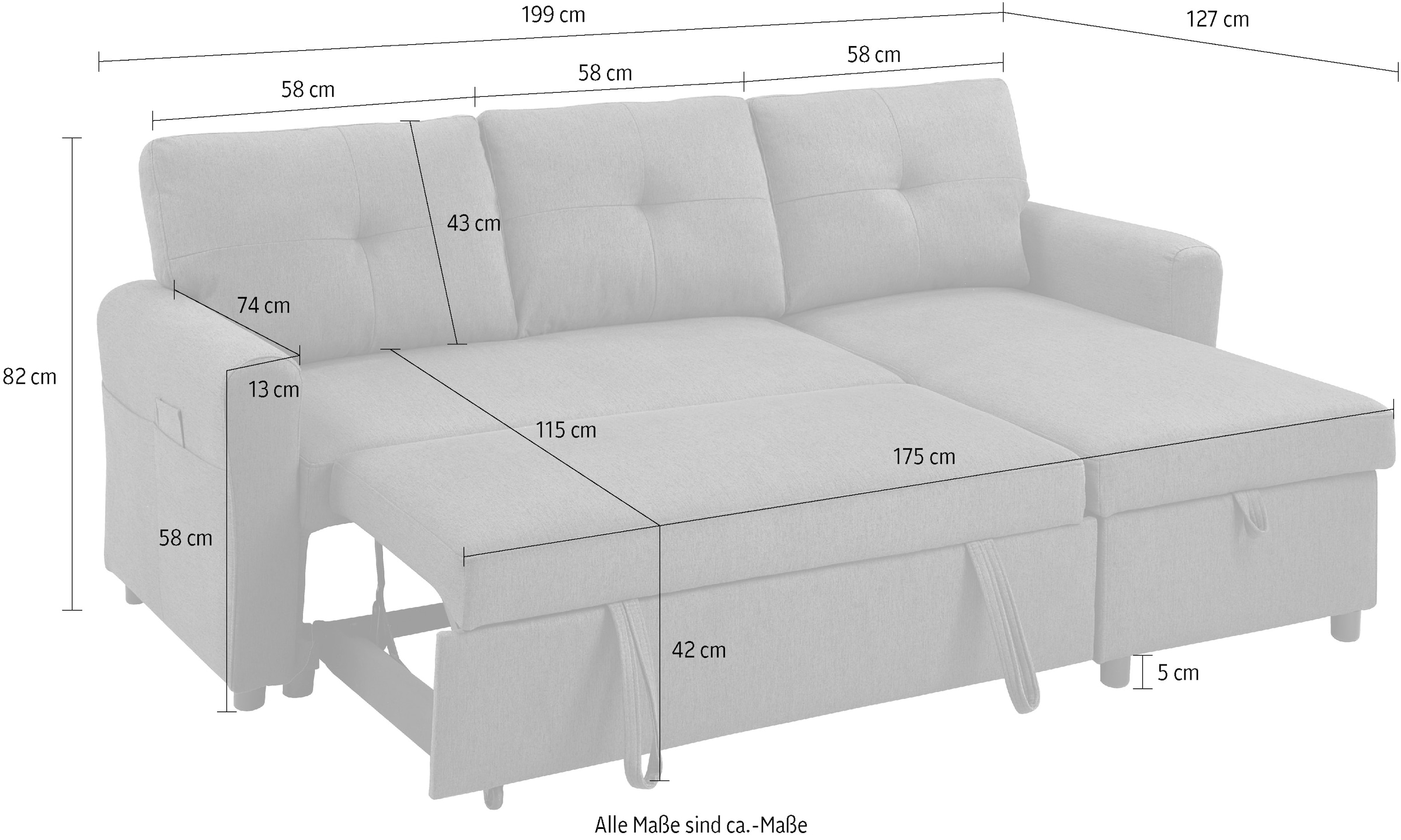 ATLANTIC home collection Schlafsofa »Gustavo L-Form«, mit Schlaffunktion, Stauraum & seitlichen Taschen