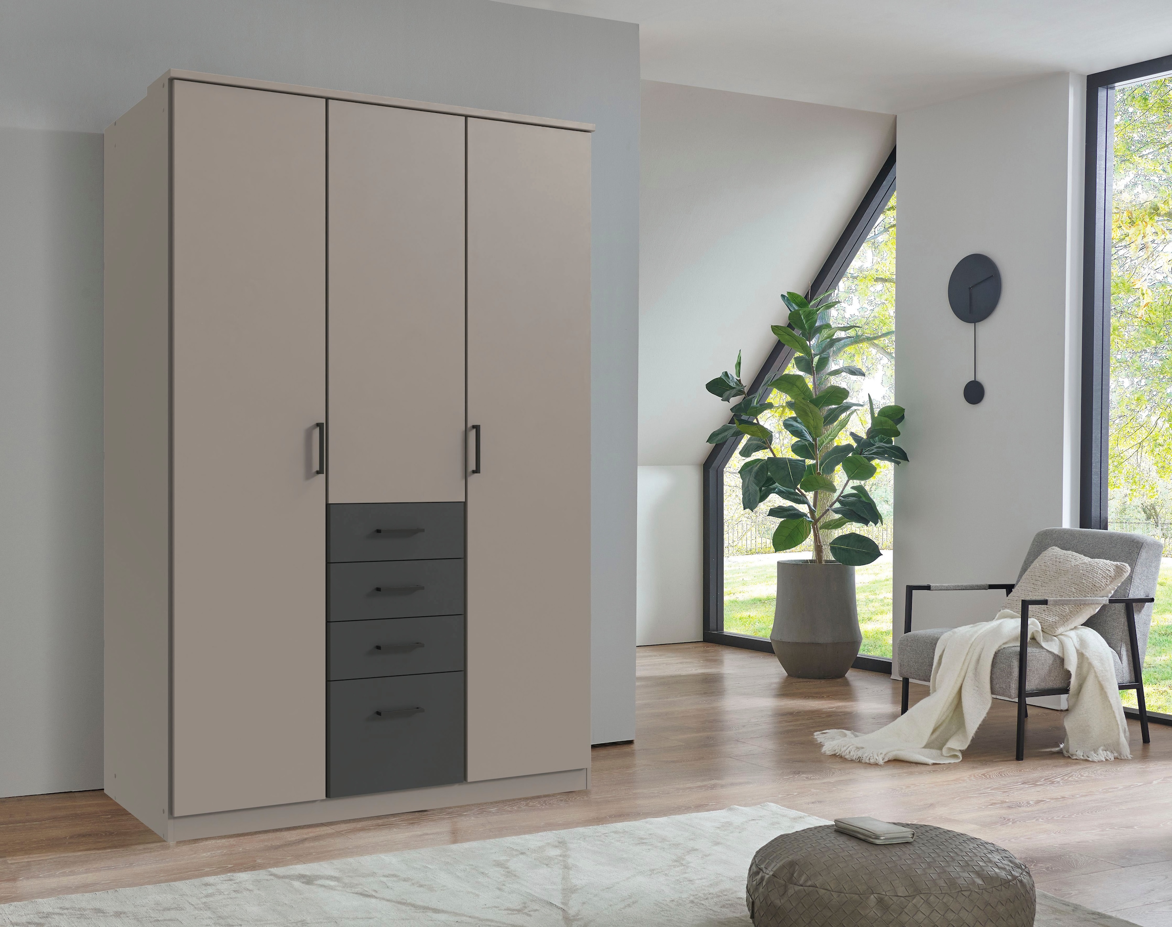 Wimex Kleiderschrank »Cottbus, in weiss oder grau modern kombiniert mit graphitfb.Schubladen«, (in 3 Grössen, schwarze Griffe, Made in Germany), mit 4 Schubladen, wahlweise mit oder ohne Spiegel