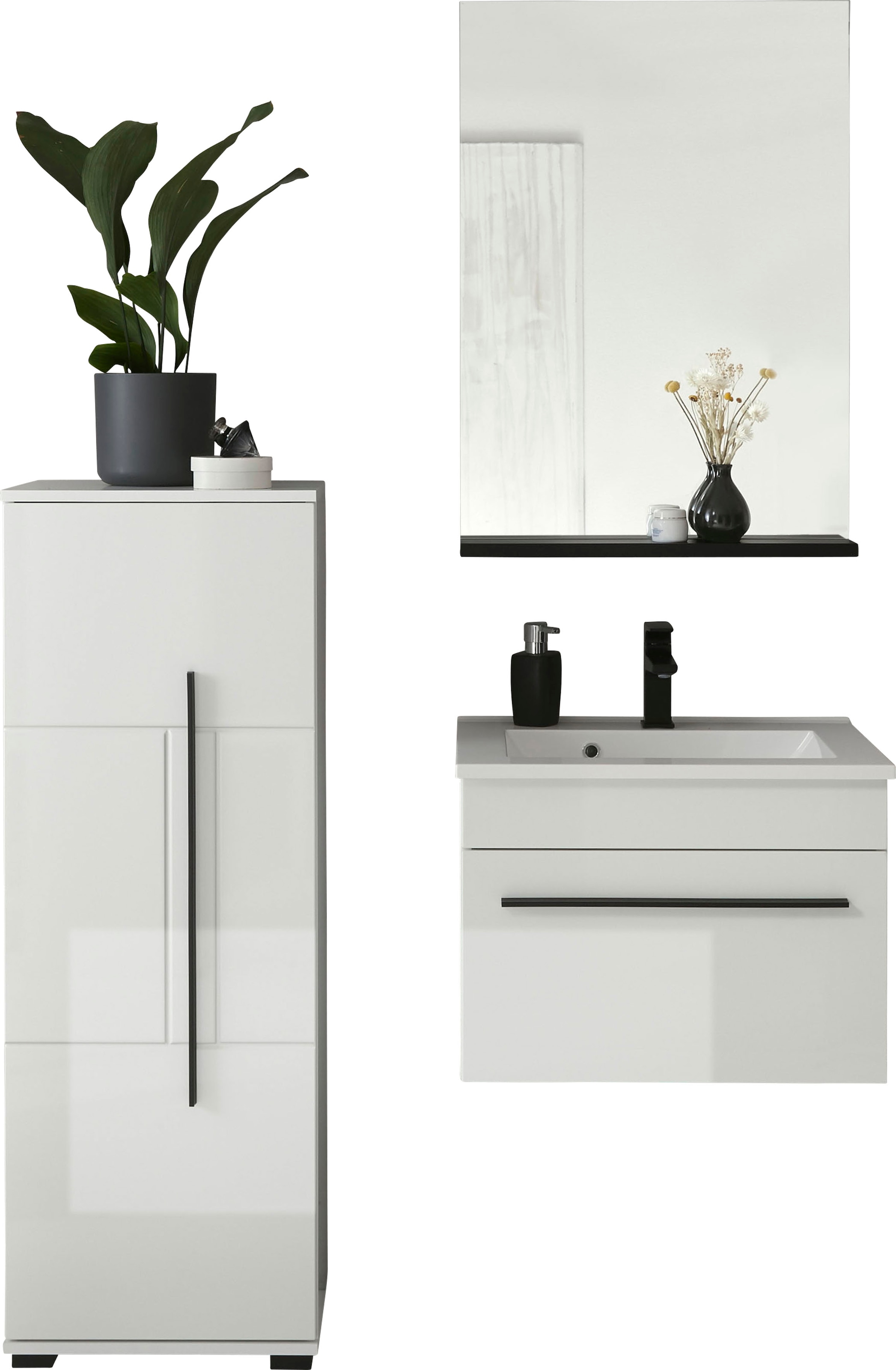 INOSIGN Badmöbel-Set »Cantara, Bad im modernen Design, 3-teiliges Badezimmer«, (Set, 3 St.), Waschtisch, Schrank und Spiegel, in Weiss Hochglanz, viel Stauraum