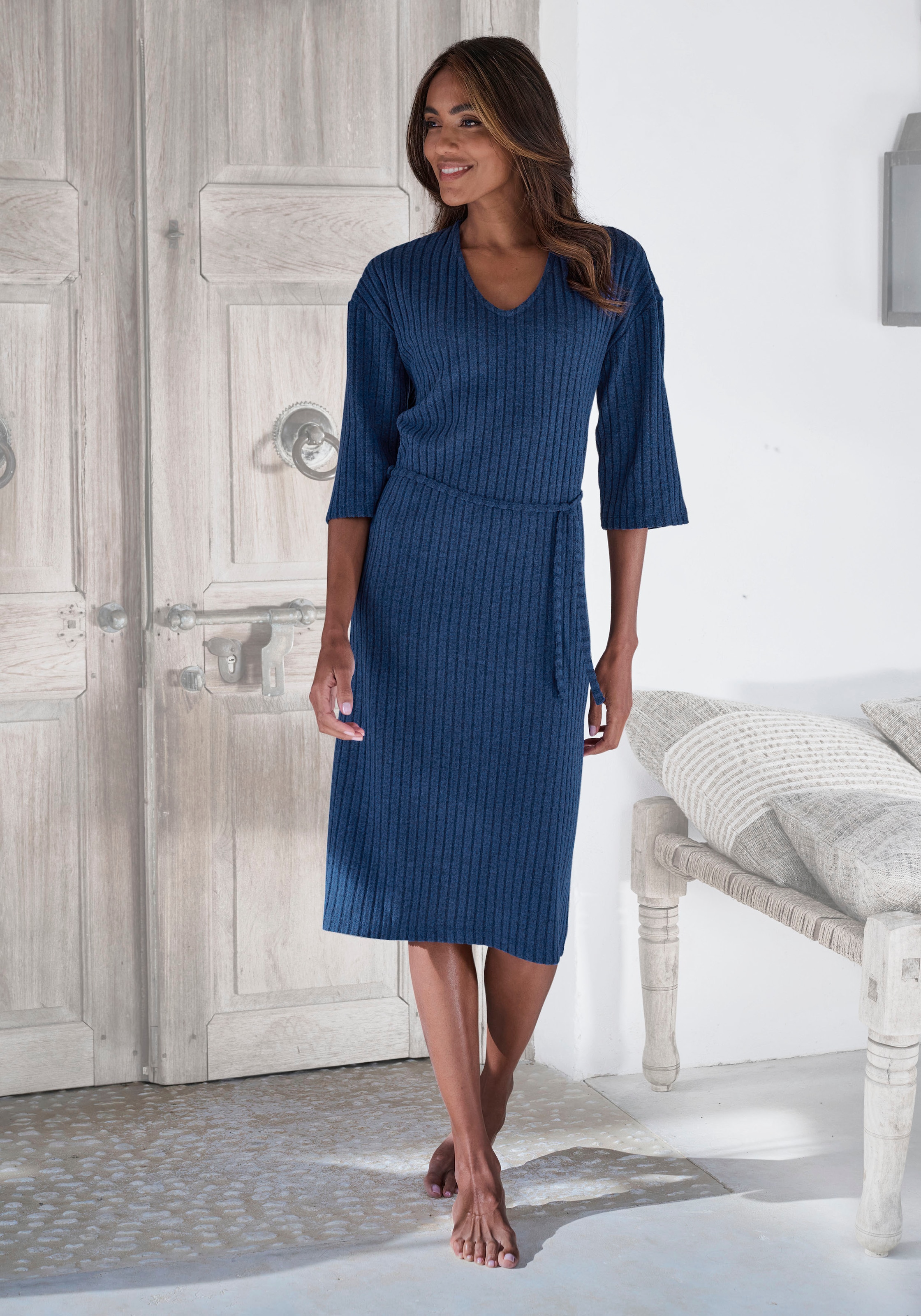 LASCANA Strickkleid »/ Rippkleid/ Loungekleid«, mit weiten Ärmeln und Taillenband, Loungewear