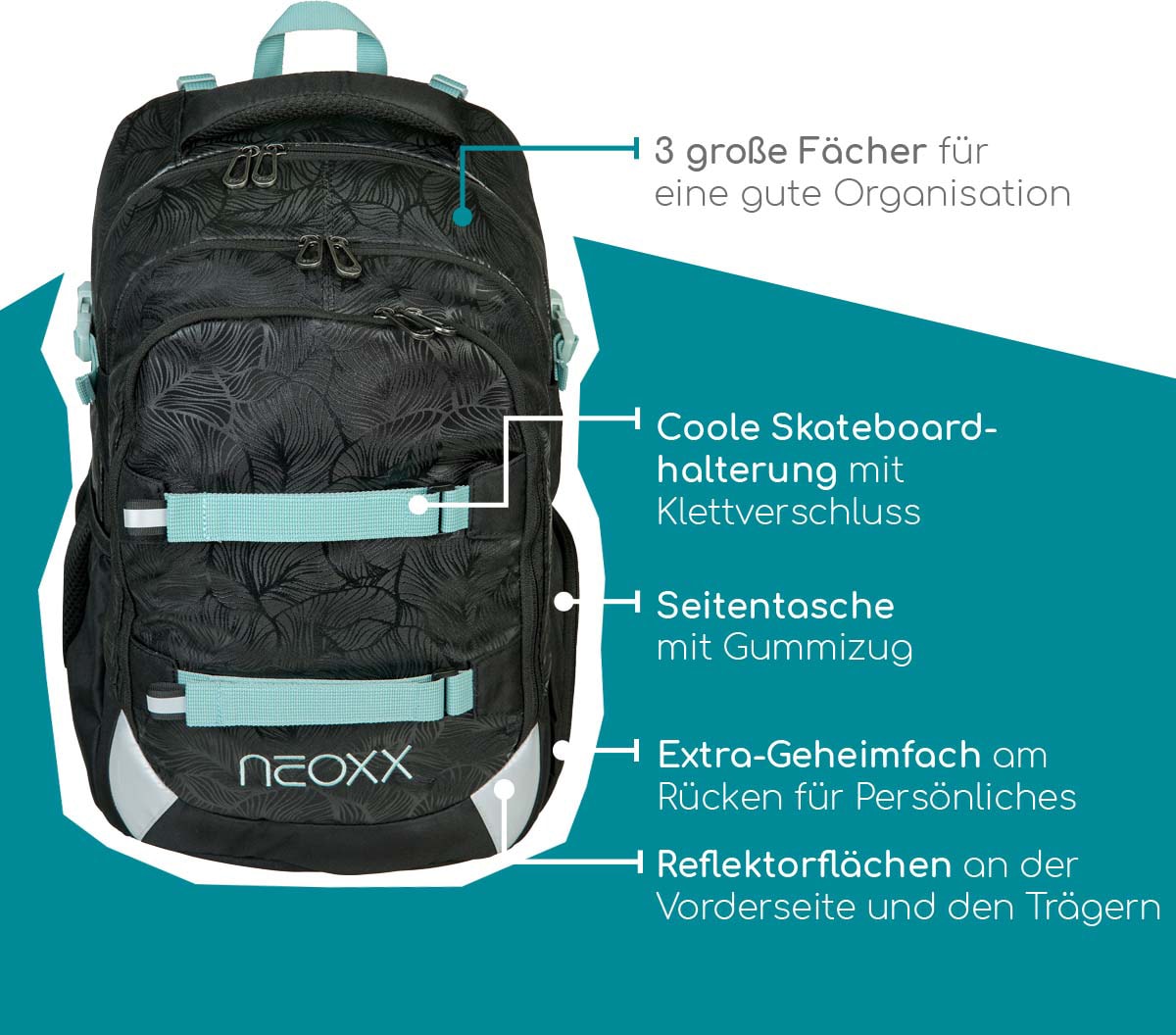 neoxx Schulrucksack »Active, Queen of the Nite«, reflektierende Details, aus recycelten PET-Flaschen