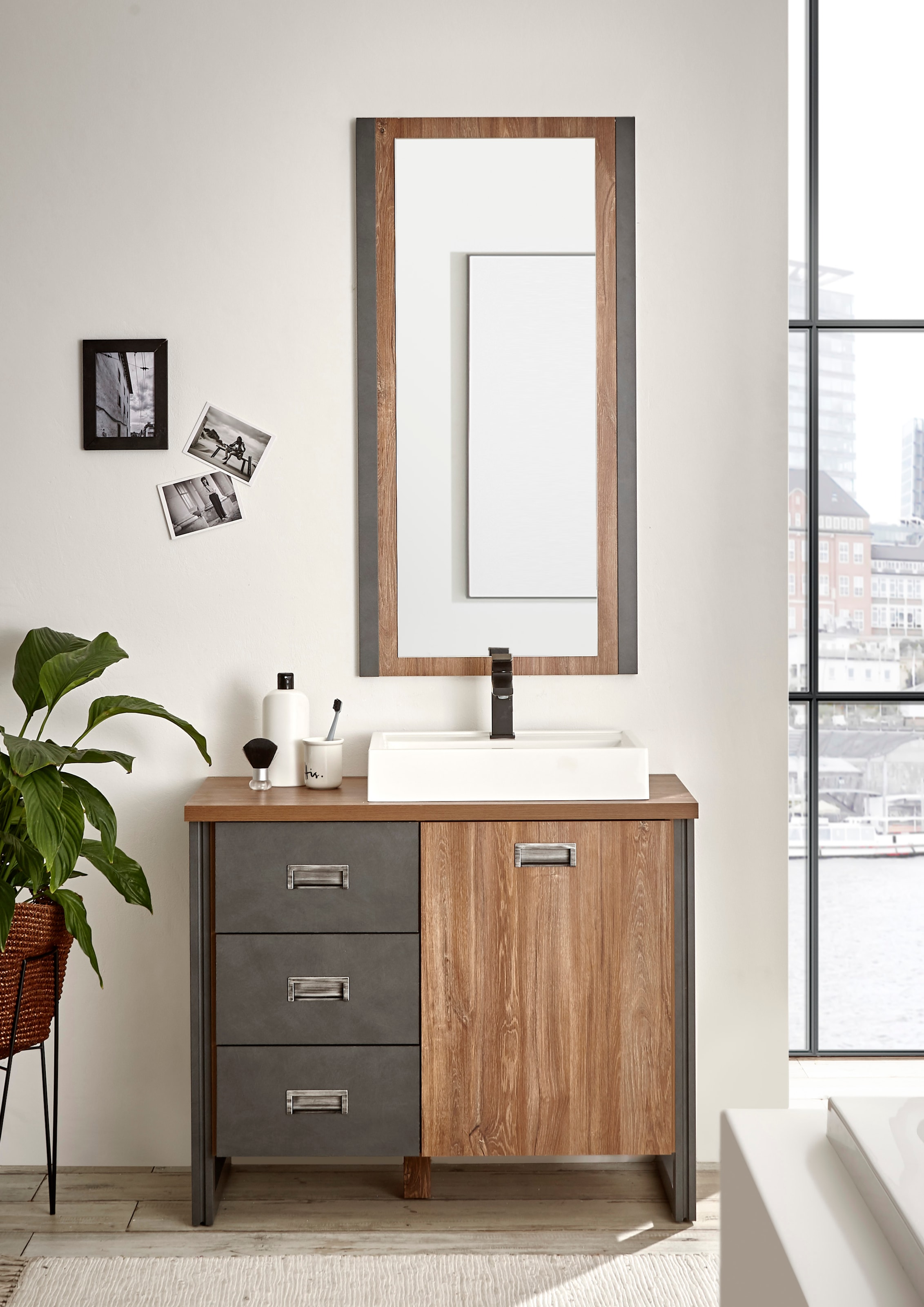 Home affaire Badmöbel-Set »Detroit, Bad im Industrialdesign, 2-teiliges Badezimmer«, (Set, 2 St.), Waschtisch und Spiegel, inkl. Aufsatzwaschbecken aus Mineralguss