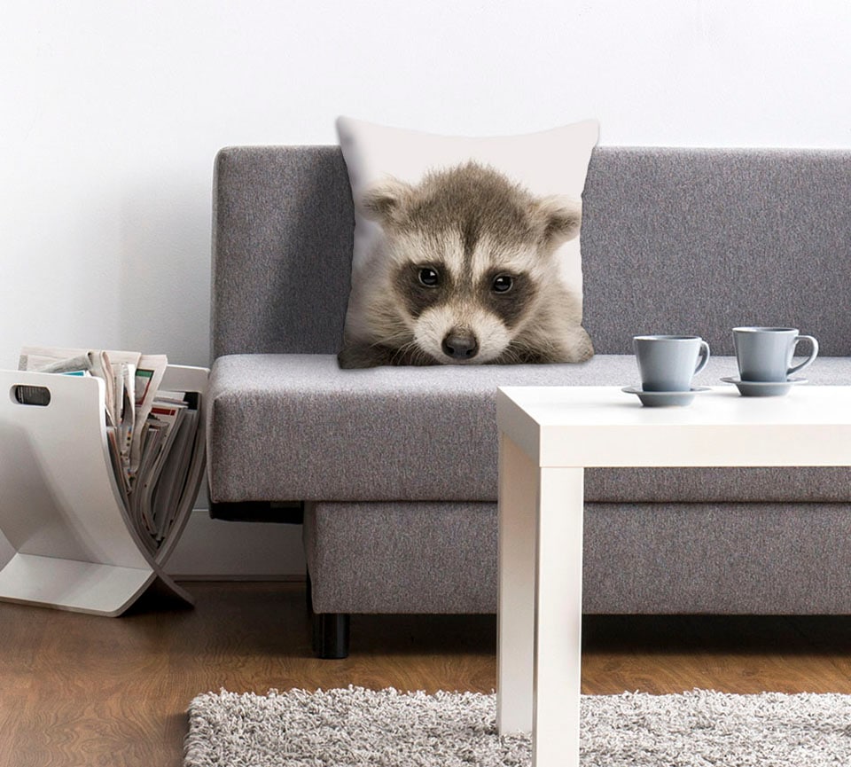 queence Dekokissen "Dean" Kissenhülle,Waschbär,Lustig,Tiere,Niedlich,Freundlich,Natur,Wald,Bunt