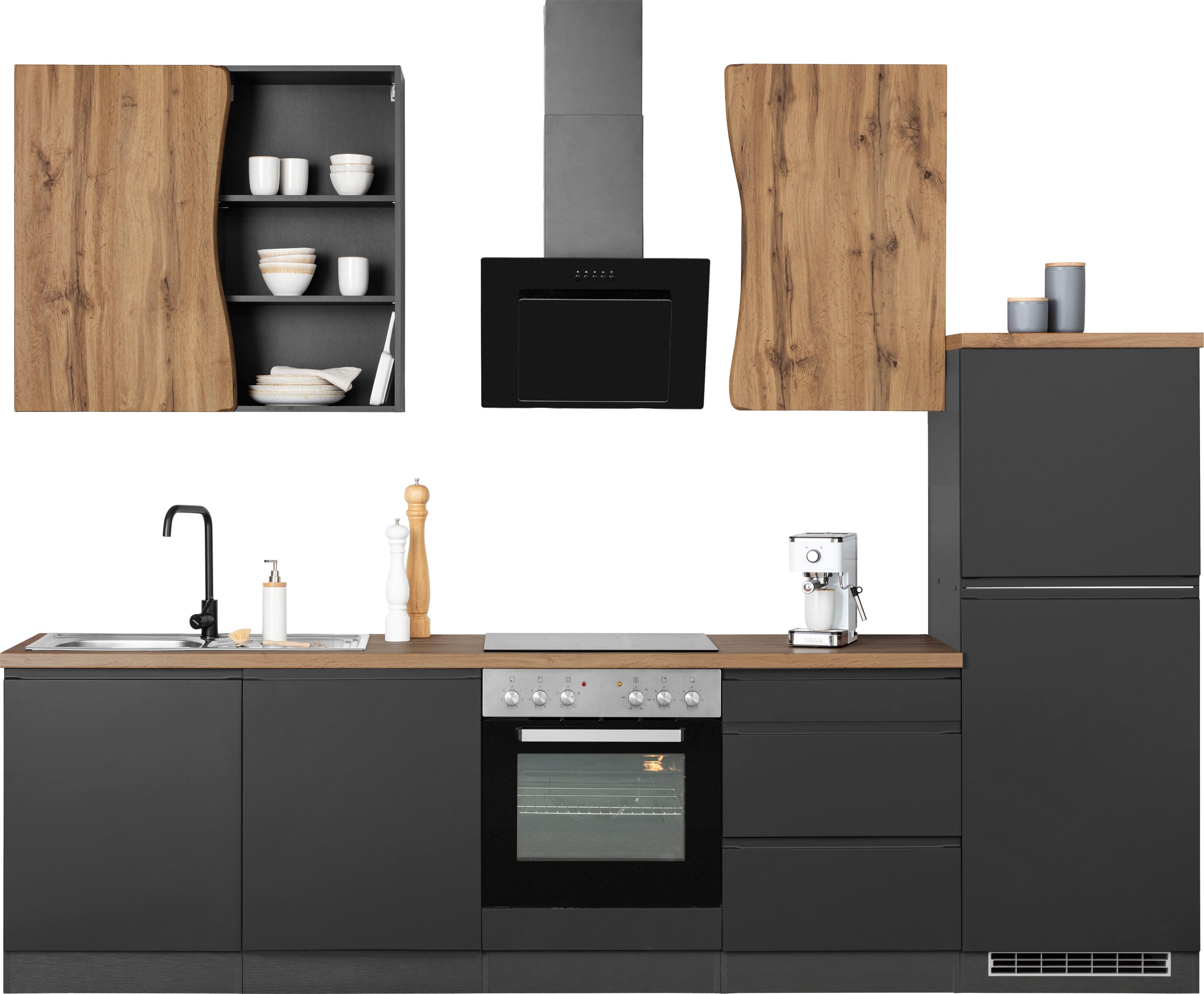 KOCHSTATION Küchenzeile "KS-Bruneck" 300cm breit, wahlweise mit oder ohne E-Geräte, hochwertige MDF-Fronten